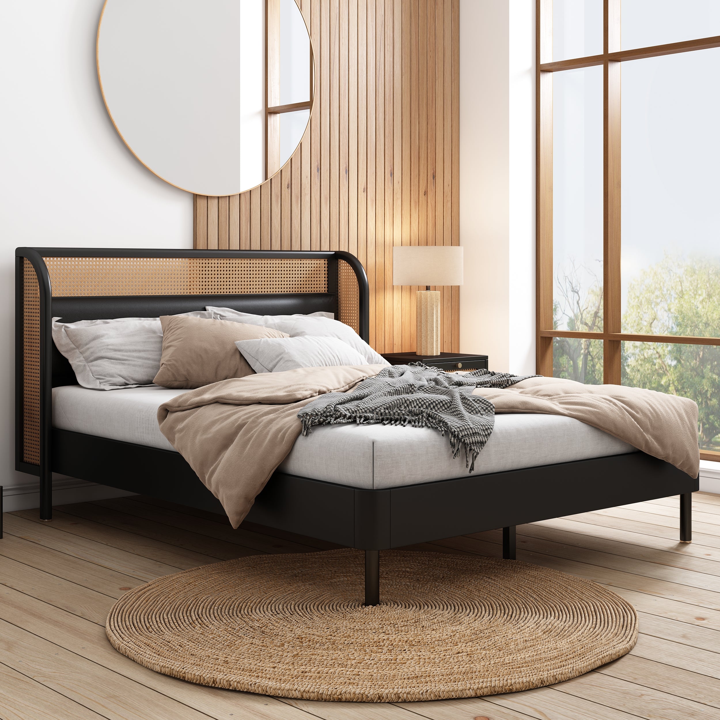 3 Pieces Modern Cannage Rattan Platform Queen Bed