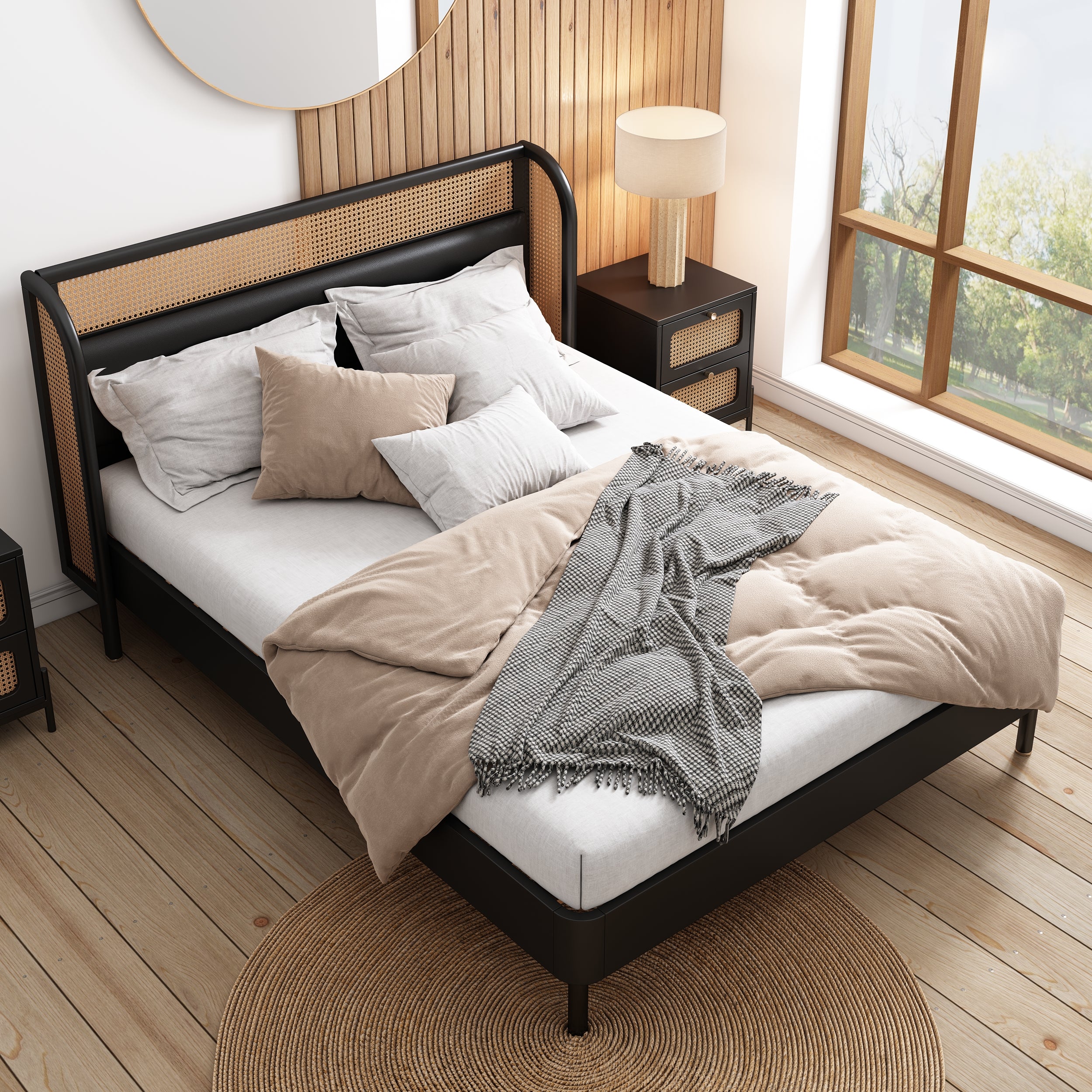 3 Pieces Modern Cannage Rattan Platform Queen Bed