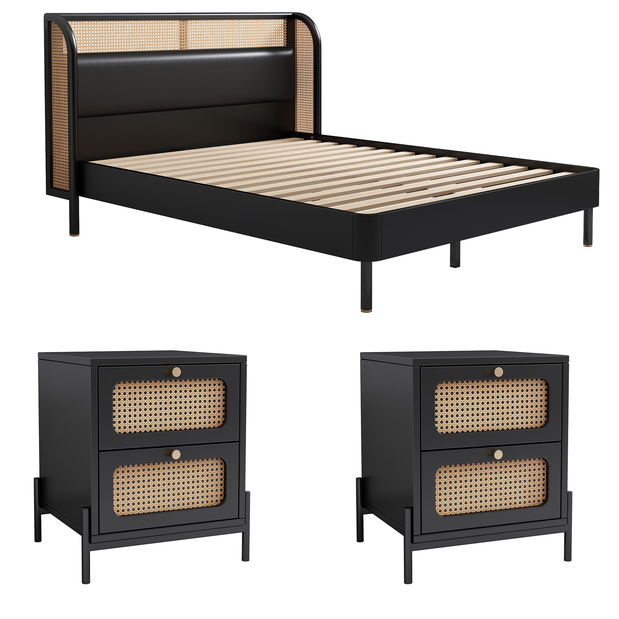 3 Pieces Modern Cannage Rattan Platform Queen Bed