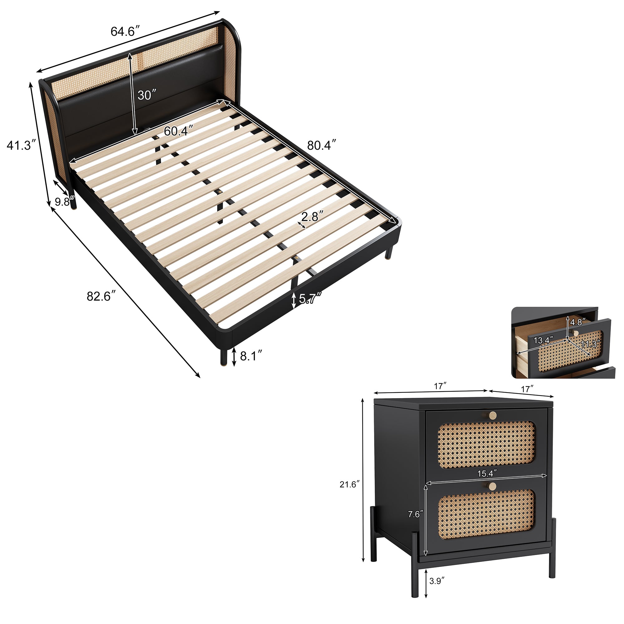 3 Pieces Modern Cannage Rattan Platform Queen Bed