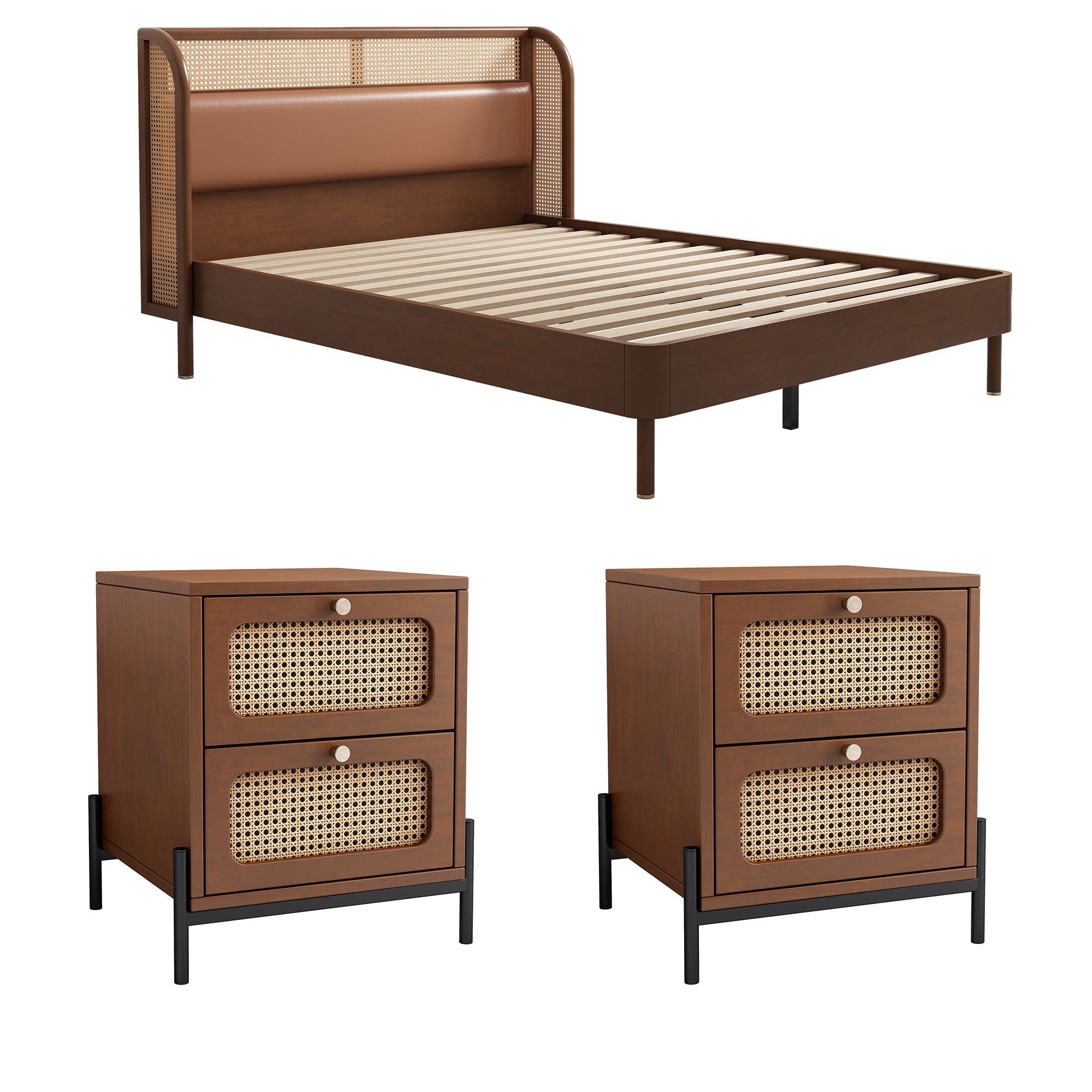 3 Pieces Modern Cannage Rattan Platform Queen Bed