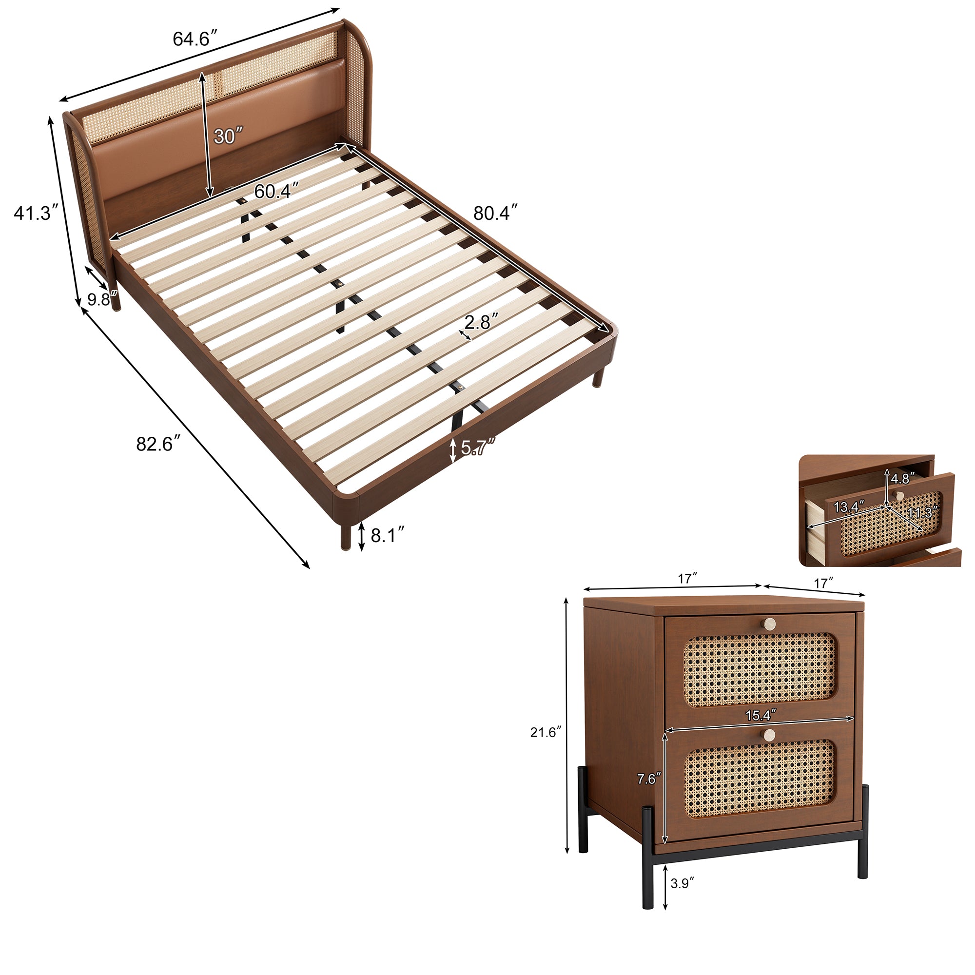 3 Pieces Modern Cannage Rattan Platform Queen Bed
