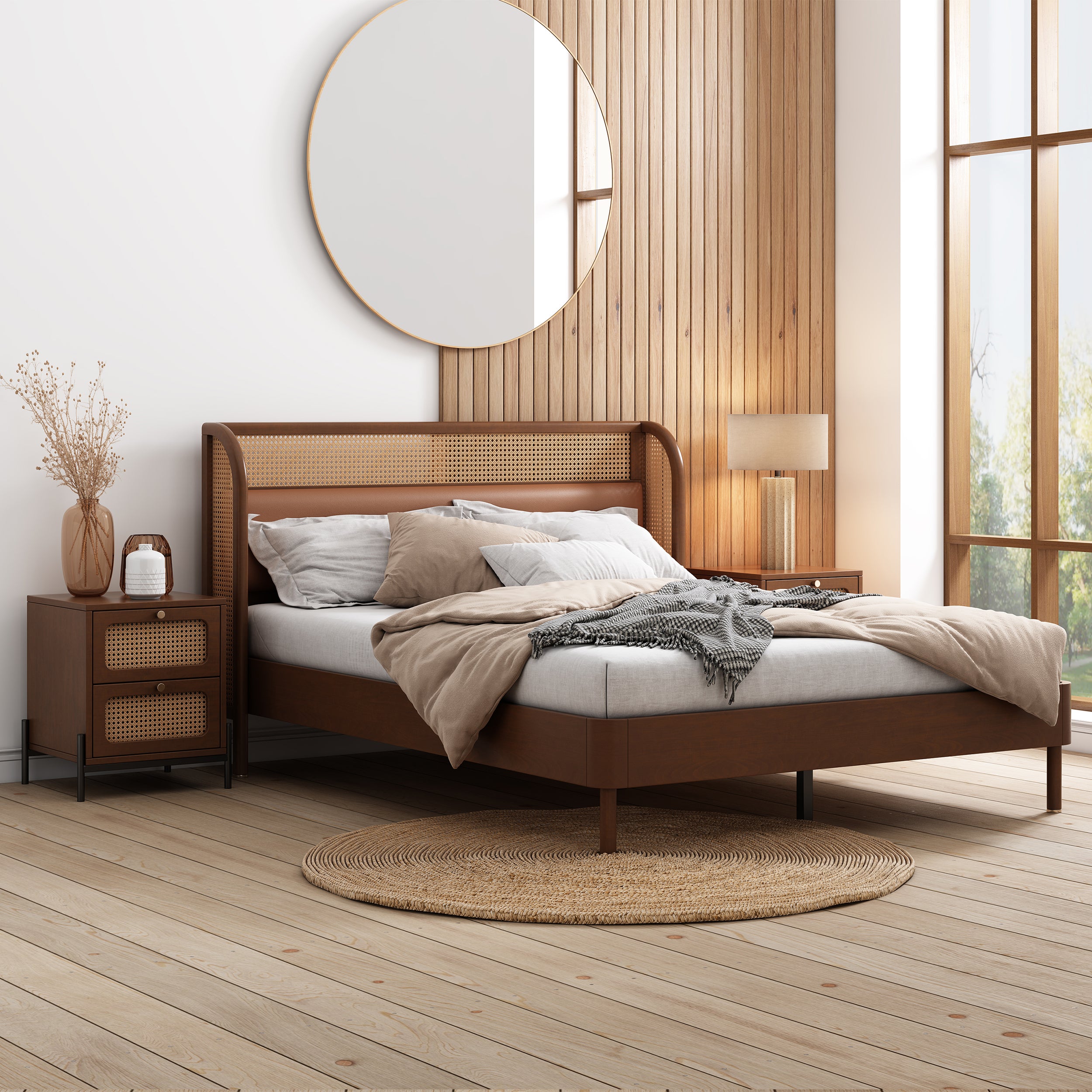 3 Pieces Modern Cannage Rattan Platform Queen Bed