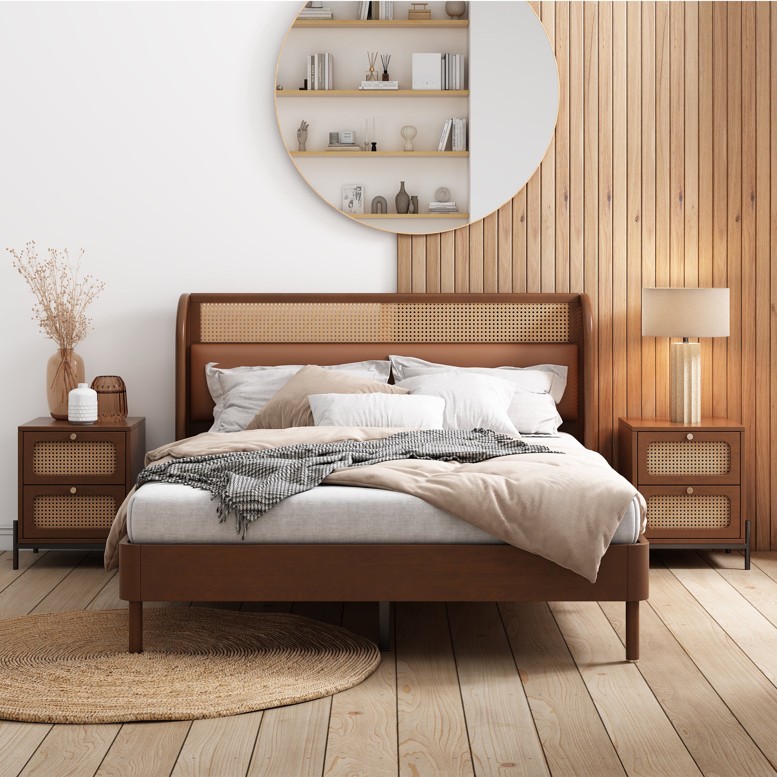 3 Pieces Modern Cannage Rattan Platform Queen Bed