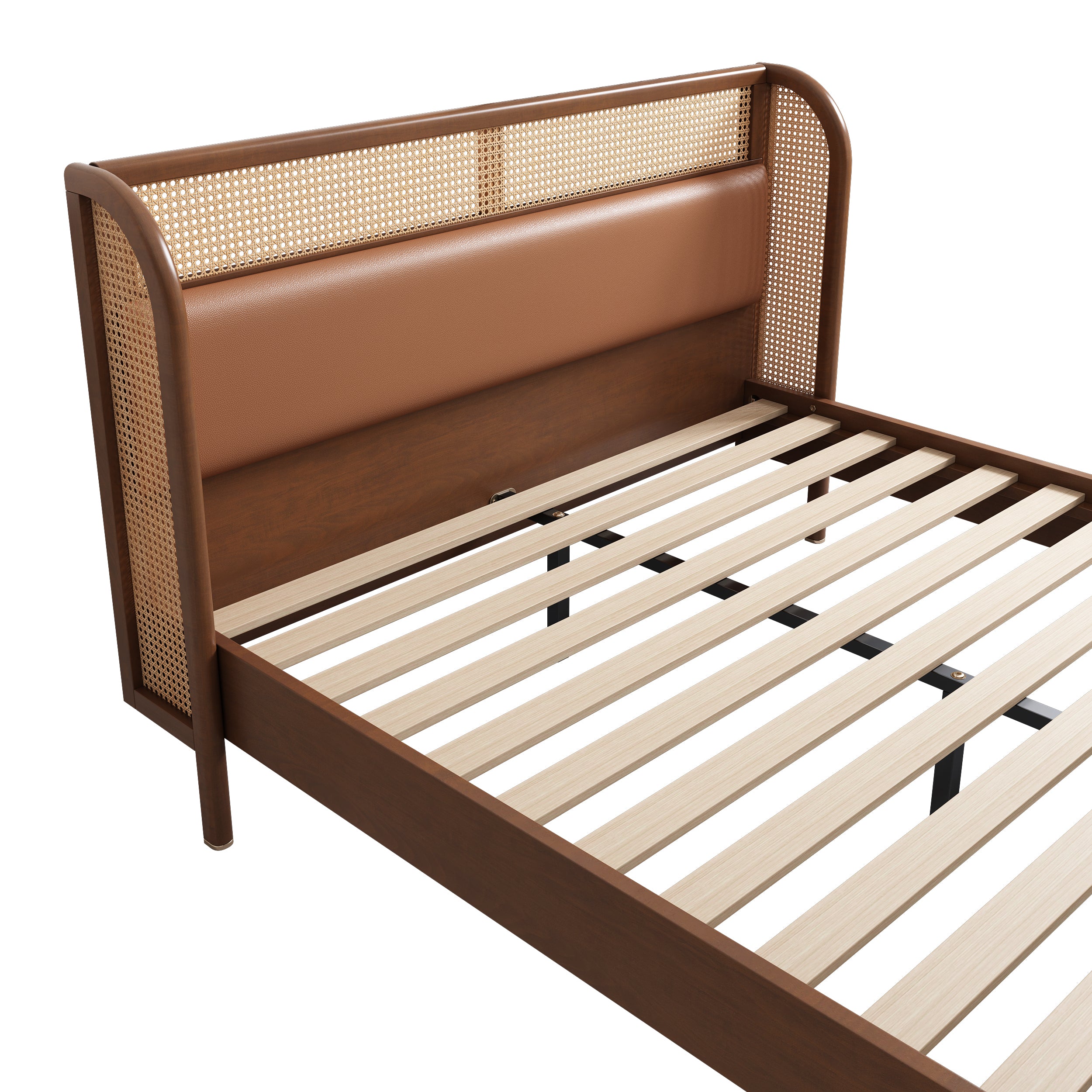 3 Pieces Modern Cannage Rattan Platform Queen Bed