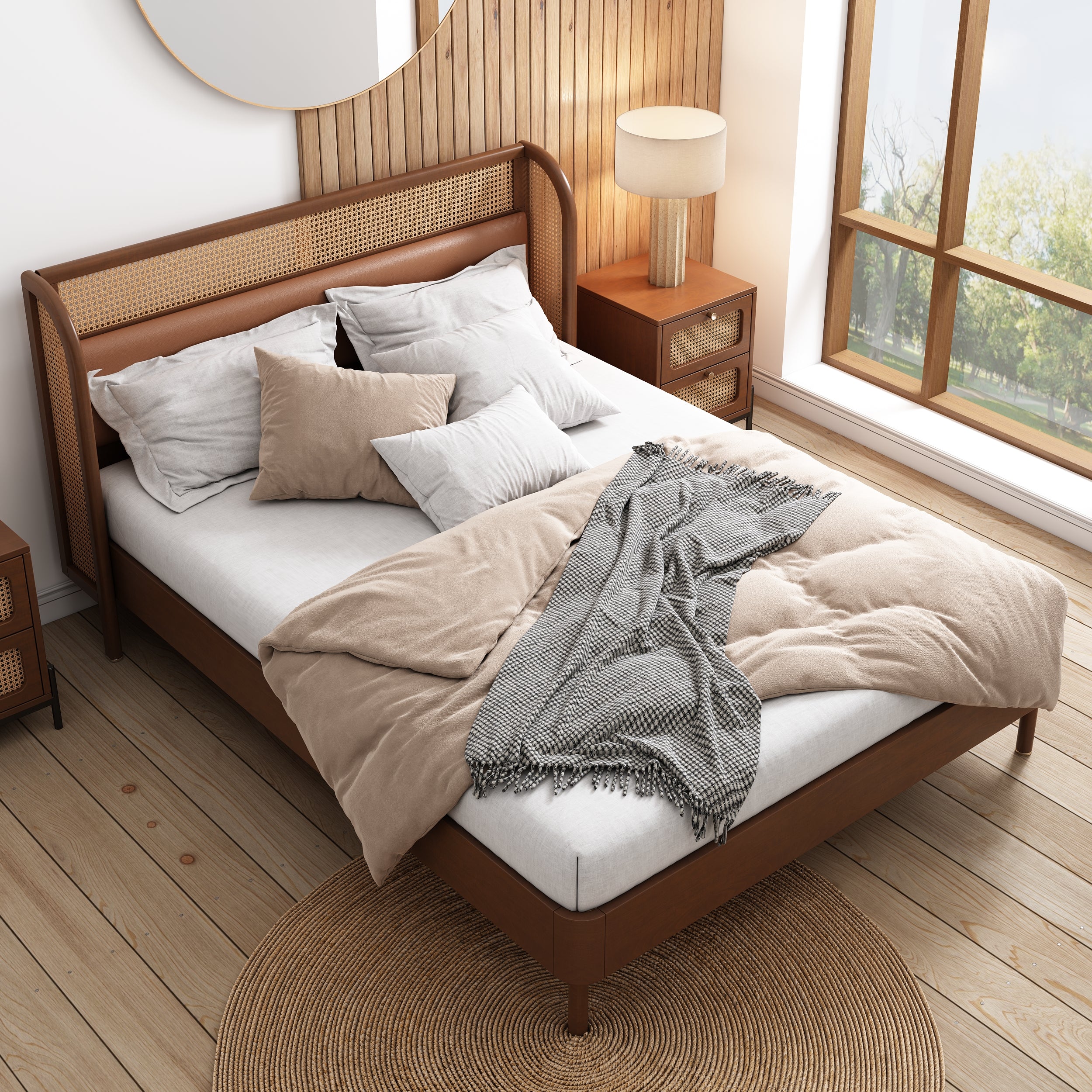 3 Pieces Modern Cannage Rattan Platform Queen Bed