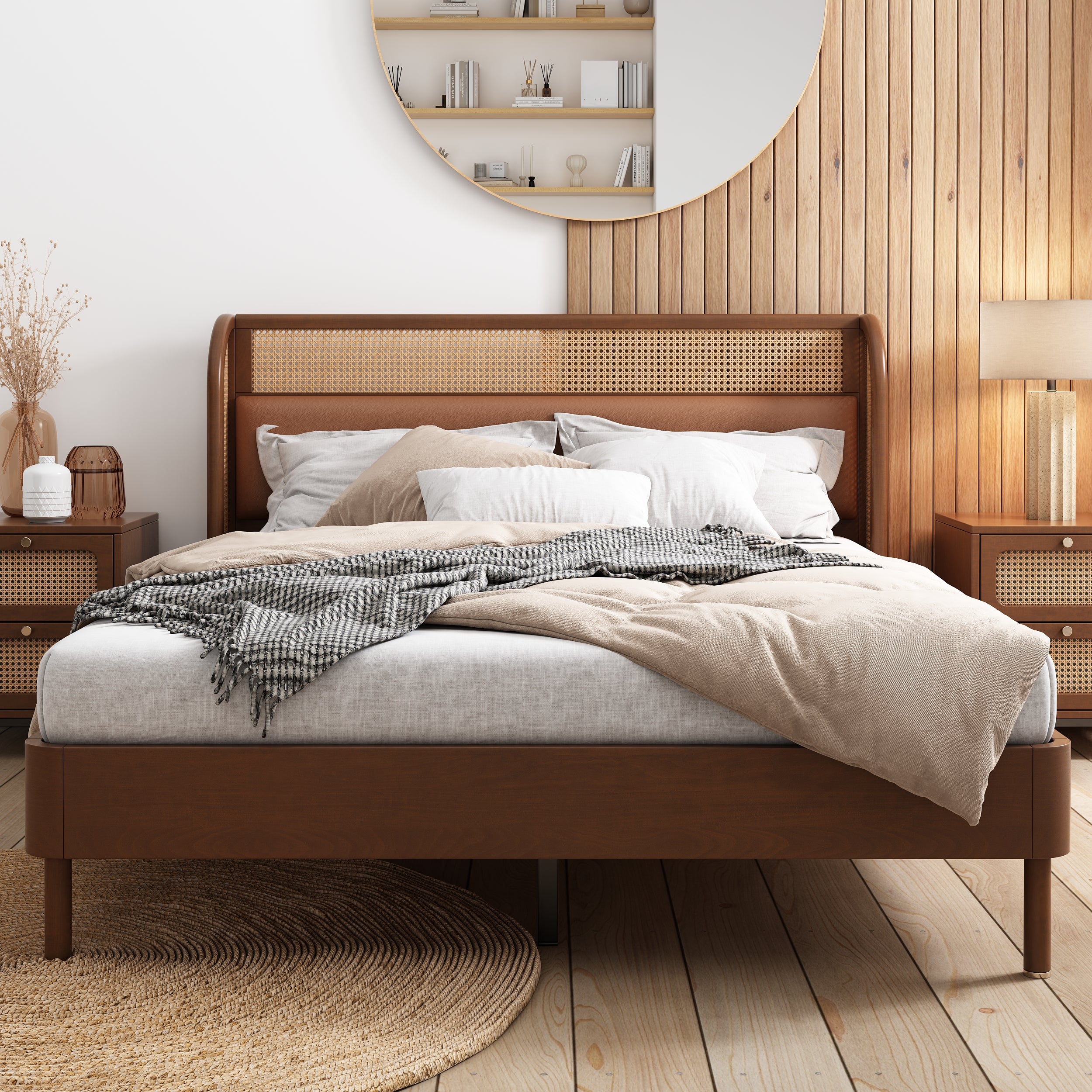 3 Pieces Modern Cannage Rattan Platform Queen Bed