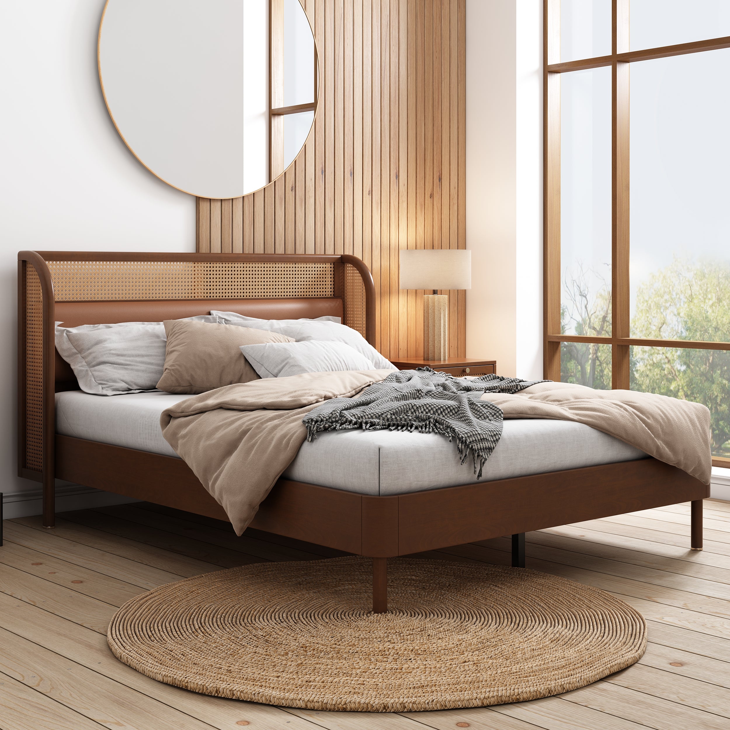 3 Pieces Modern Cannage Rattan Platform Queen Bed