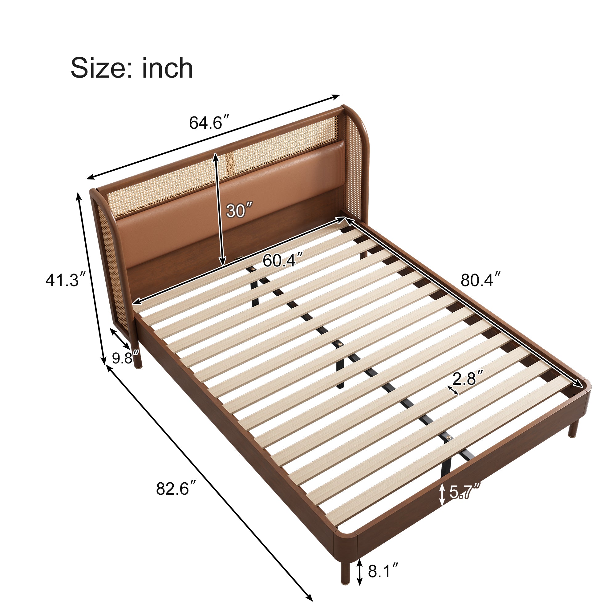 3 Pieces Modern Cannage Rattan Platform Queen Bed