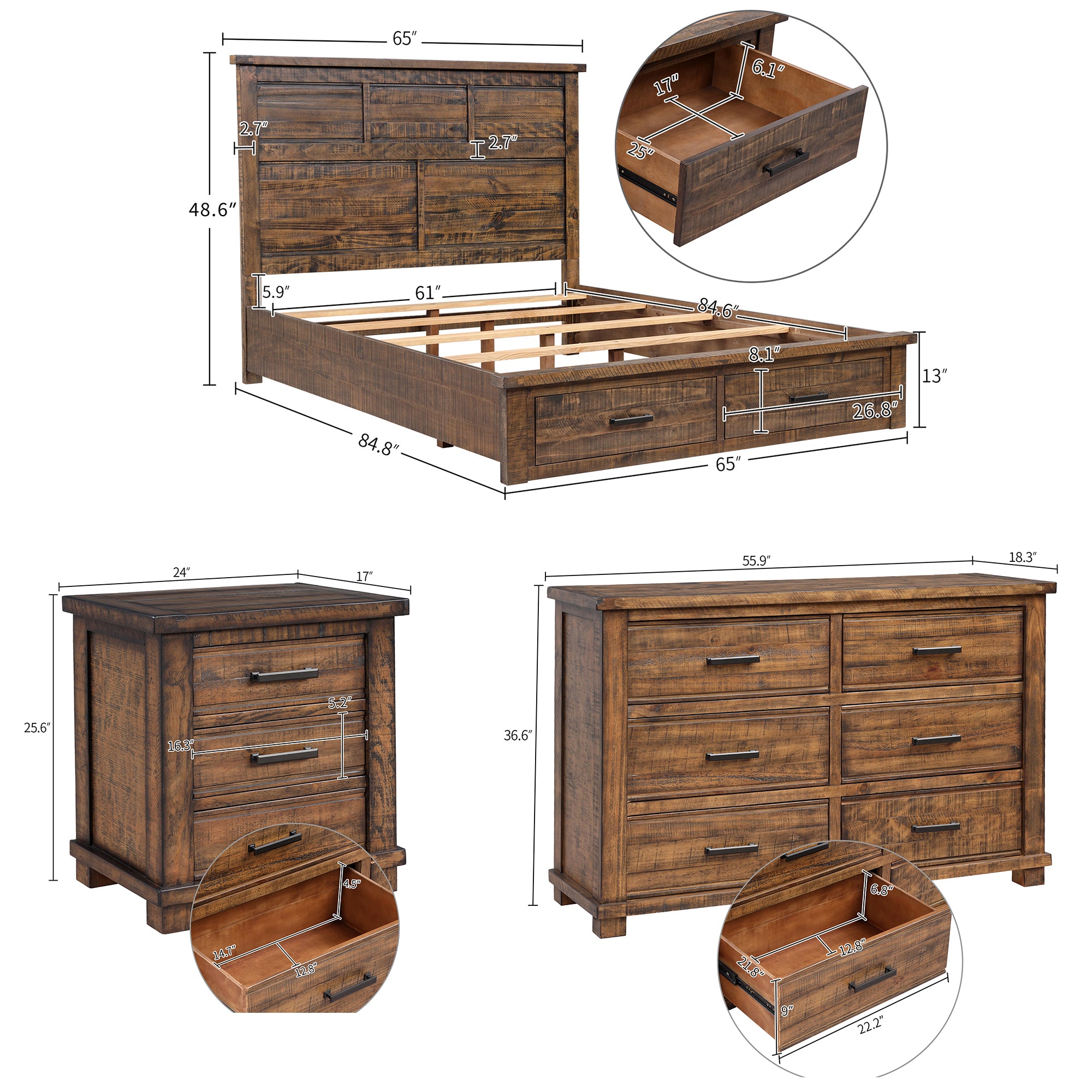 Queen Solid Wood Framhouse 3 Pieces Storage Bedroom Sets