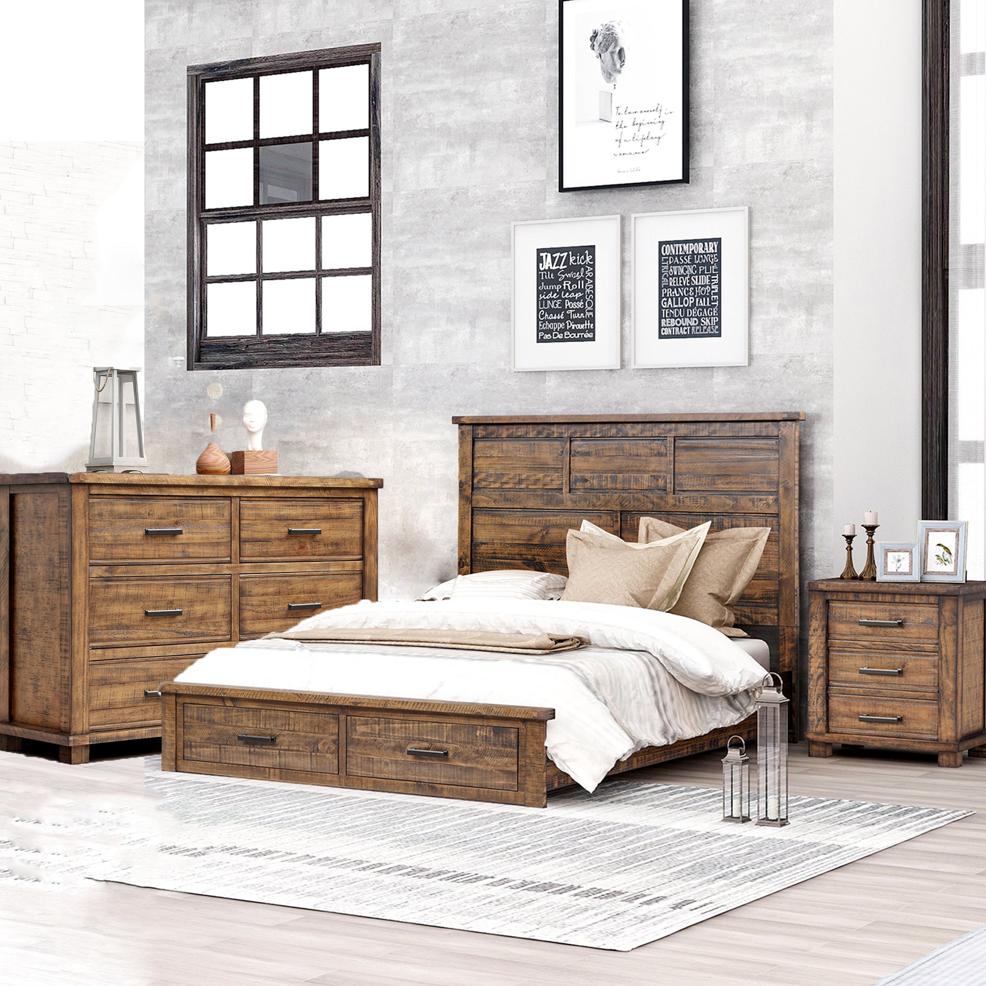 Queen Solid Wood Framhouse 3 Pieces Storage Bedroom Sets