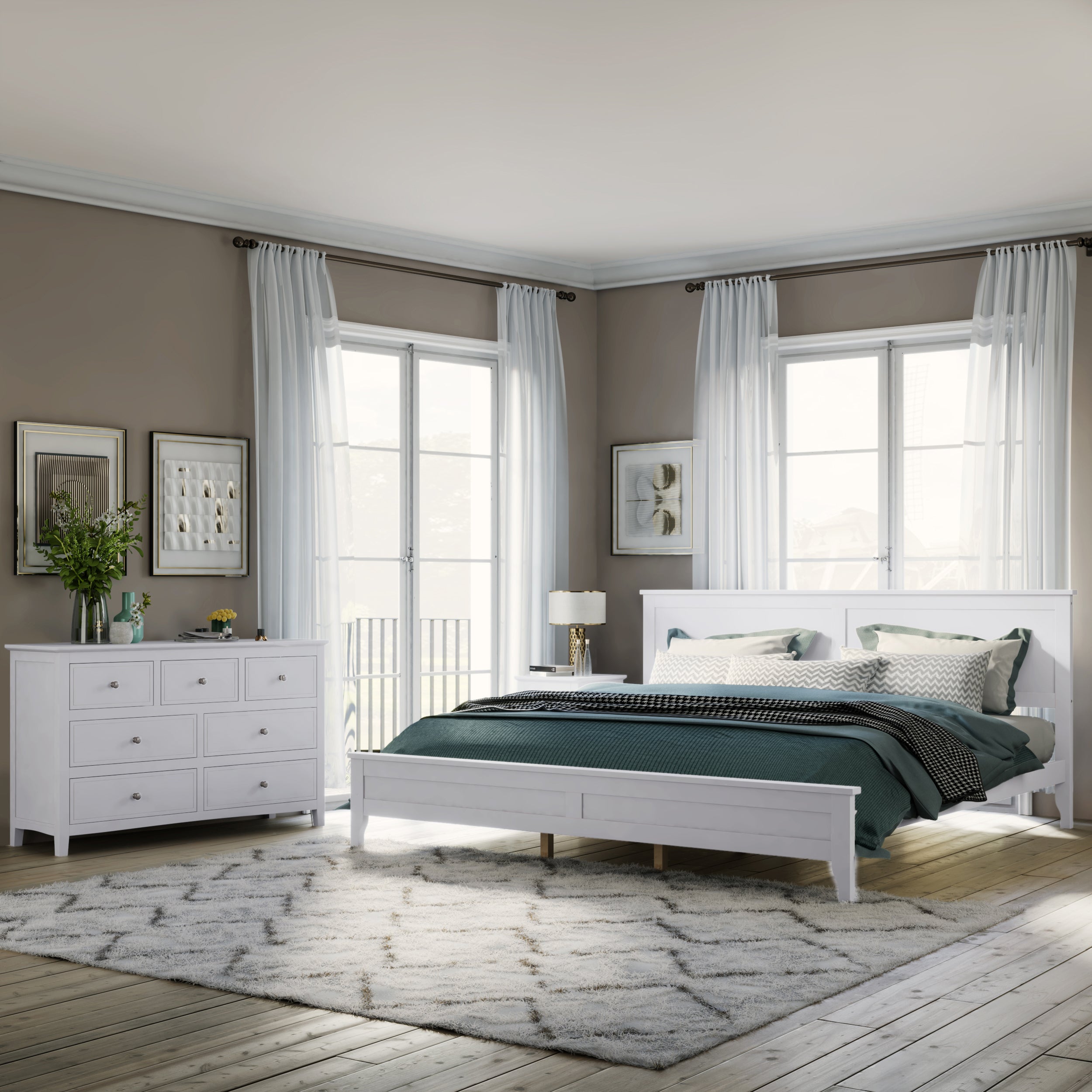 White Solid Wood 3 Pieces Full Bedroom Sets