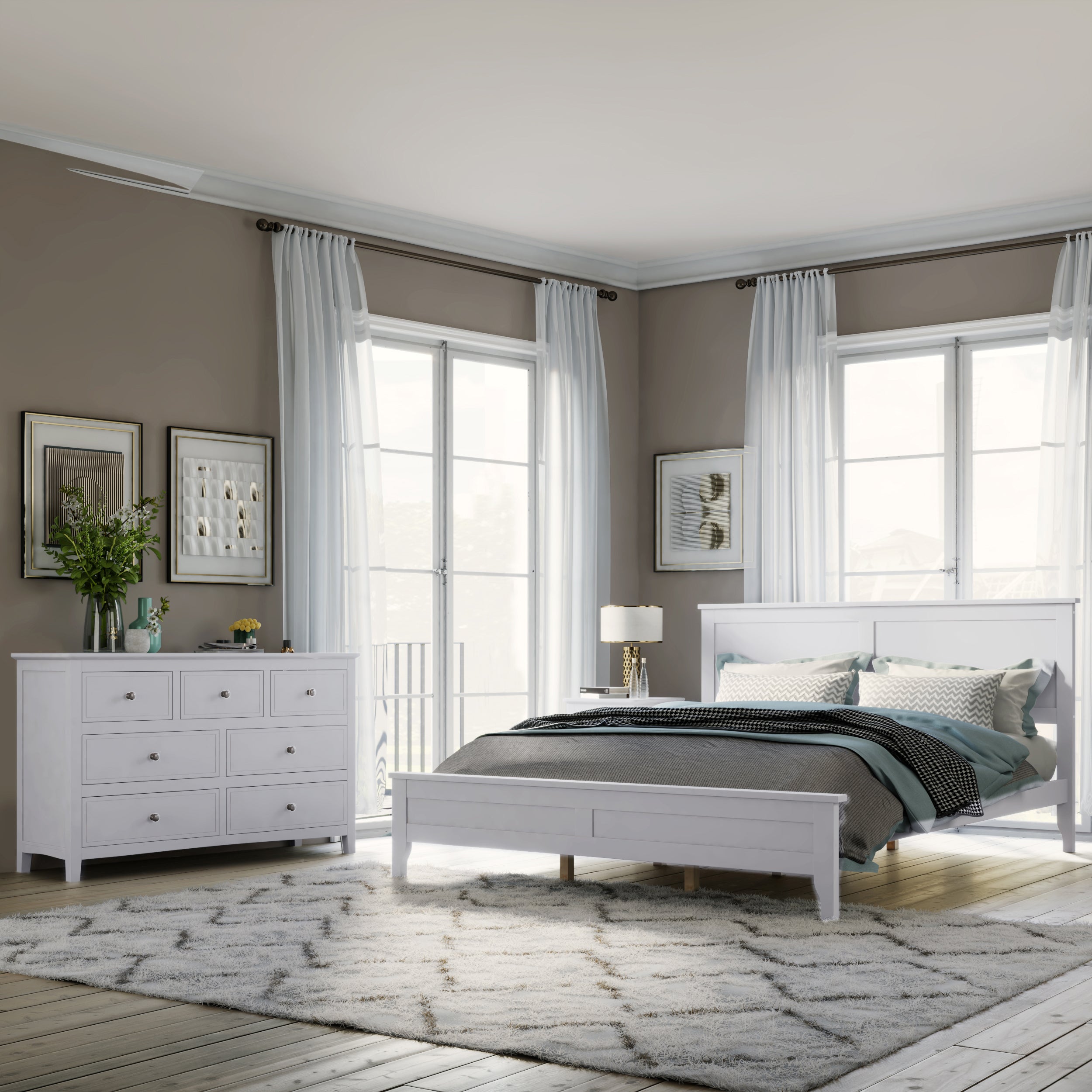 White Solid Wood 3 Pieces Full Bedroom Sets