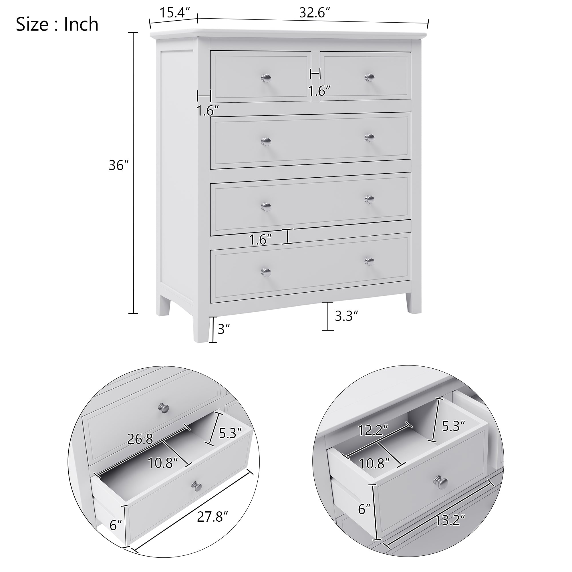 White Solid Wood 5 Pieces Full Bedroom Sets(bed+nightstand*2+chest+dresser)