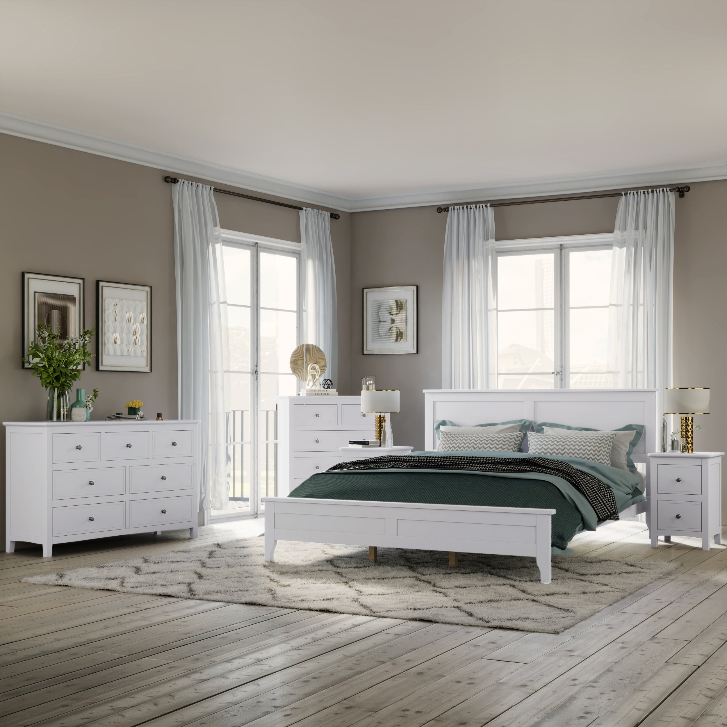 White Solid Wood 5 Pieces Full Bedroom Sets(bed+nightstand*2+chest+dresser)