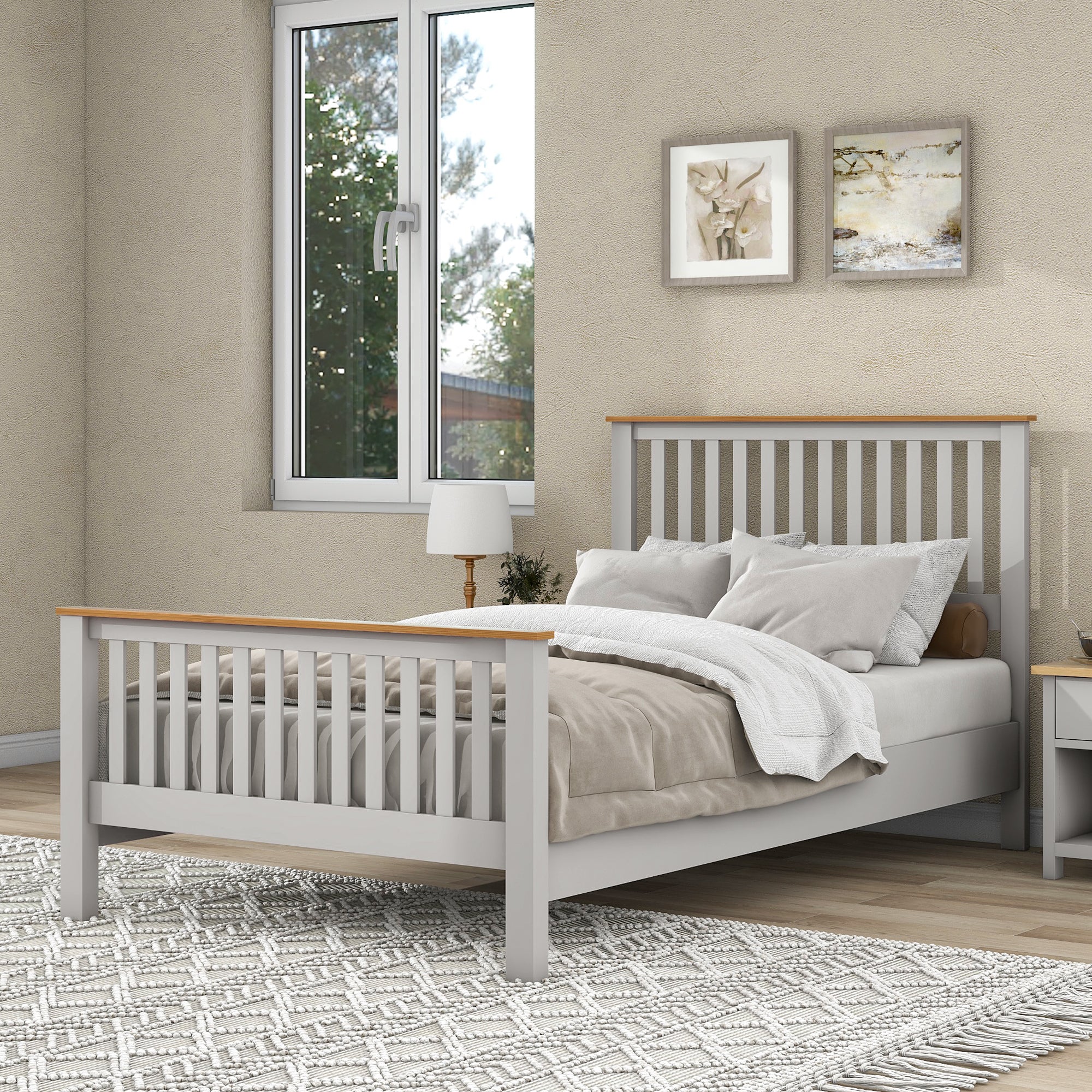 3 Pieces Country Gray with Oak Top Bedroom Sets, Full Bed, Nightstand and Dresser