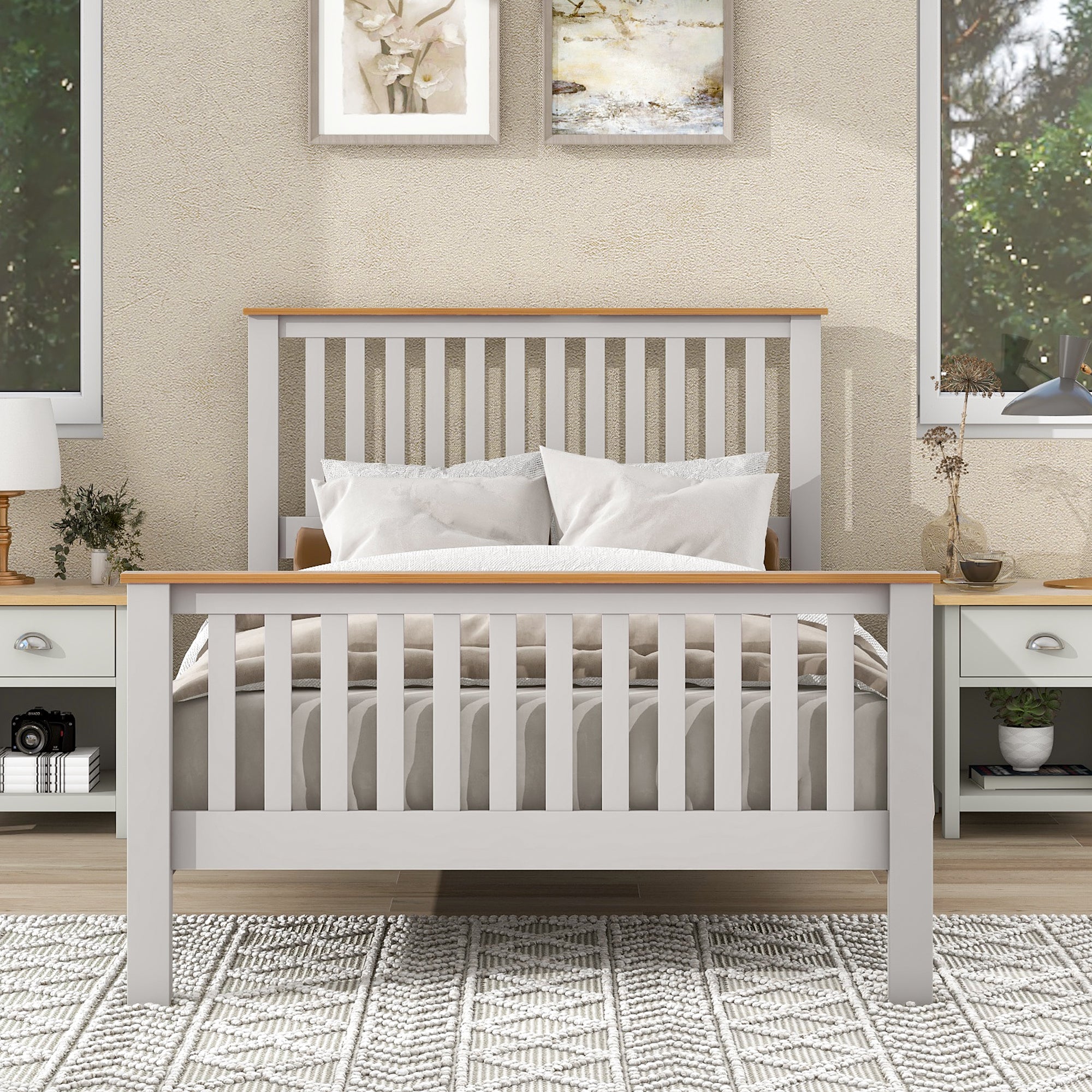 3 Pieces Country Gray with Oak Top Bedroom Sets, Full Bed, Nightstand and Dresser