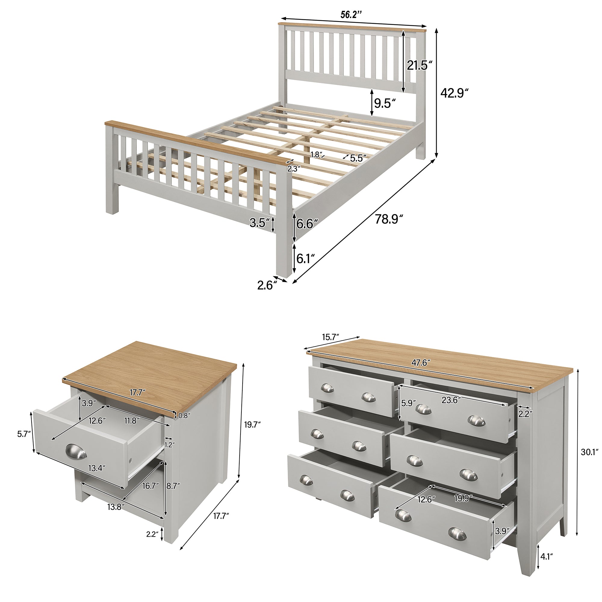 3 Pieces Country Gray with Oak Top Bedroom Sets, Full Bed, Nightstand and Dresser