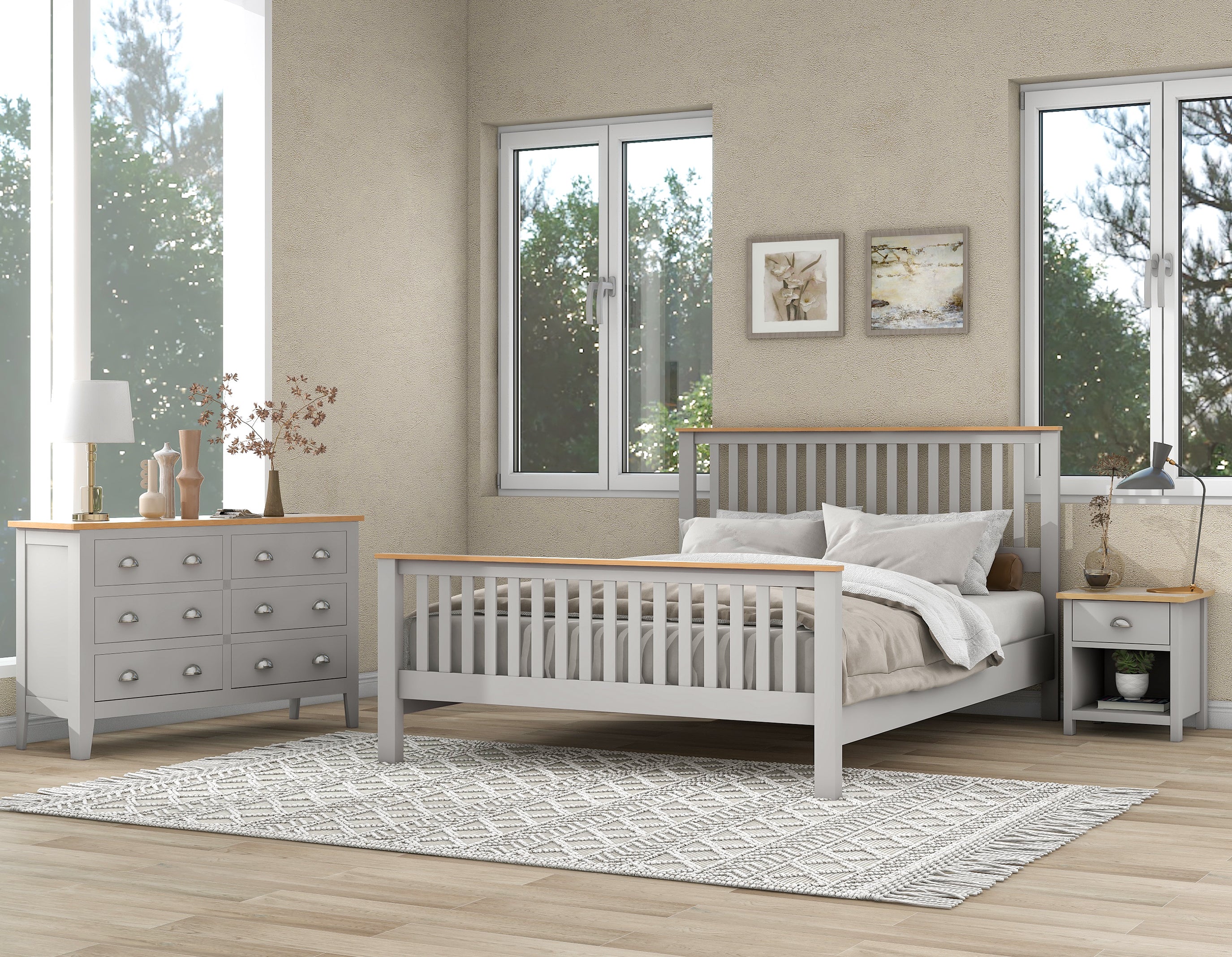 3 Pieces Country Gray with Oak Top Bedroom Sets, Full Bed, Nightstand and Dresser