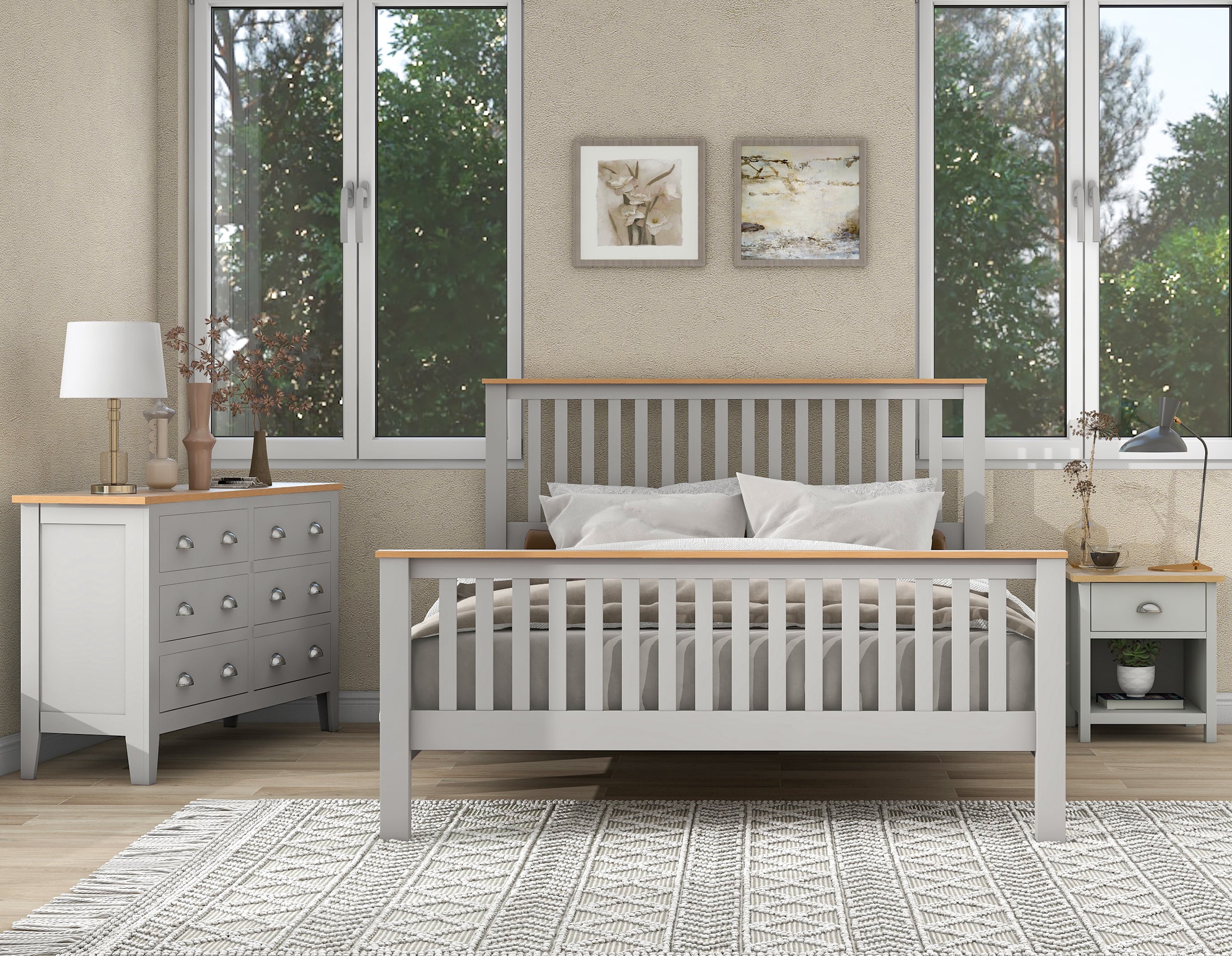 3 Pieces Country Gray with Oak Top Bedroom Sets, Full Bed, Nightstand and Dresser