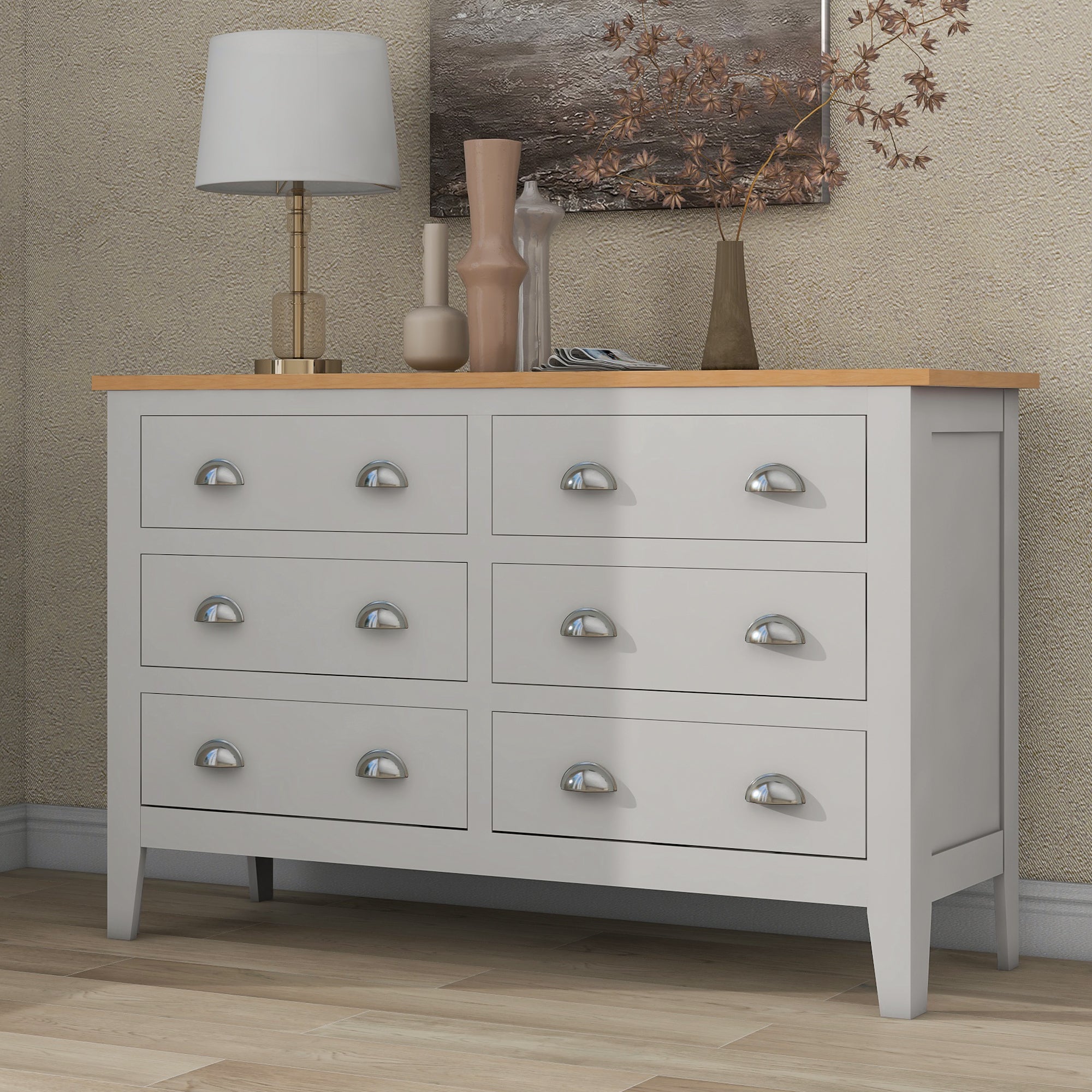 3 Pieces Country Gray with Oak Top Bedroom Sets, Full Bed, Nightstand and Dresser