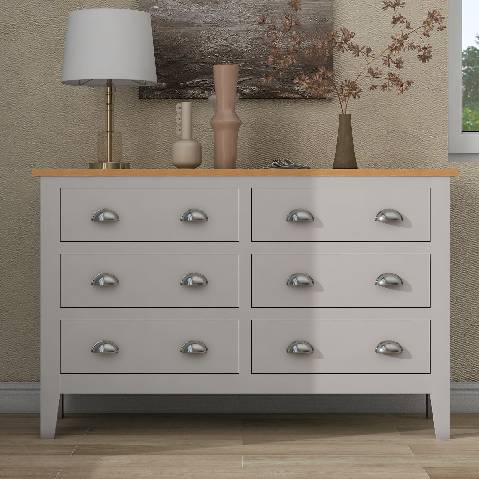 3 Pieces Country Gray with Oak Top Bedroom Sets, Full Bed, Nightstand and Dresser
