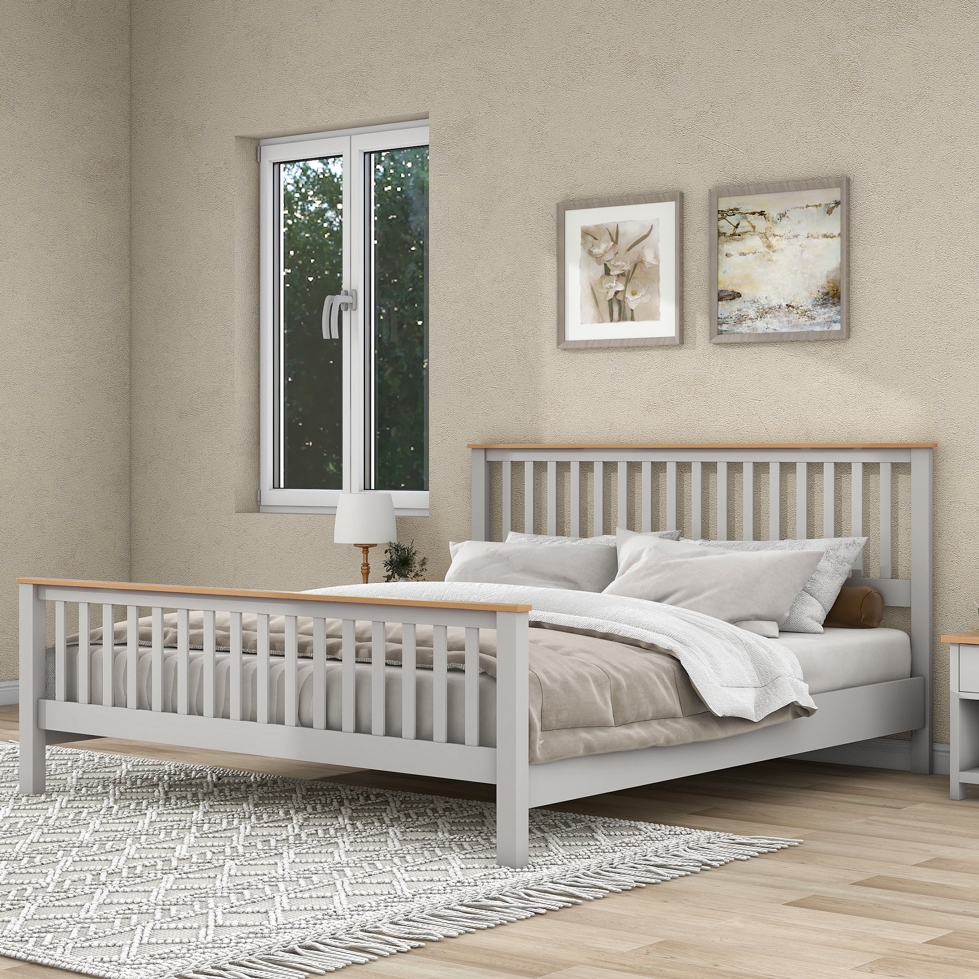 3 Pieces Country Gray with Oak Top Bedroom Sets, Full Bed, Nightstand and Dresser
