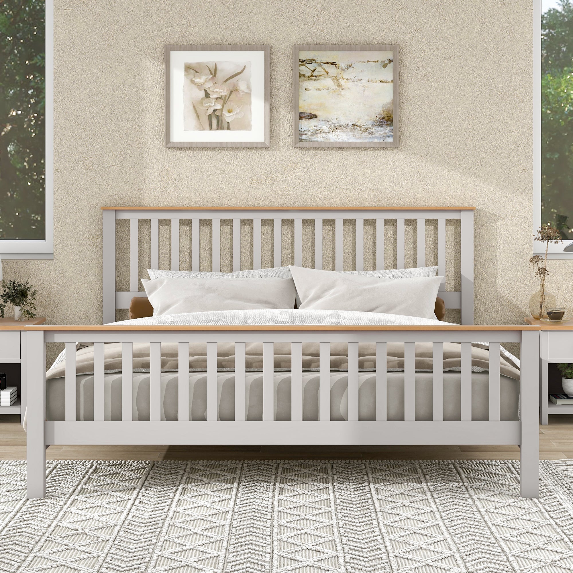 3 Pieces Country Gray with Oak Top Bedroom Sets, Full Bed, Nightstand and Dresser