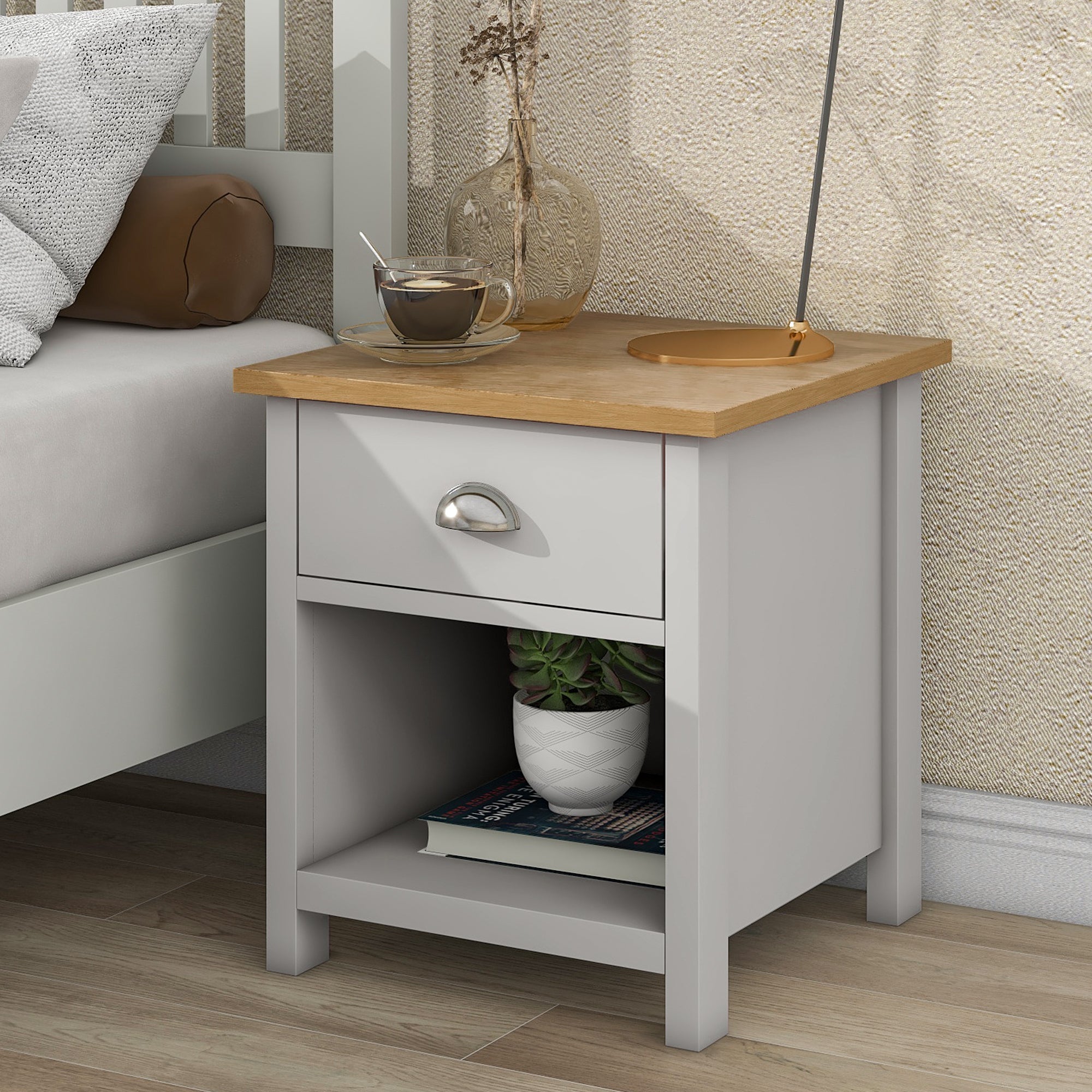 3 Pieces Country Gray with Oak Top Bedroom Sets, Full Bed, Nightstand and Dresser