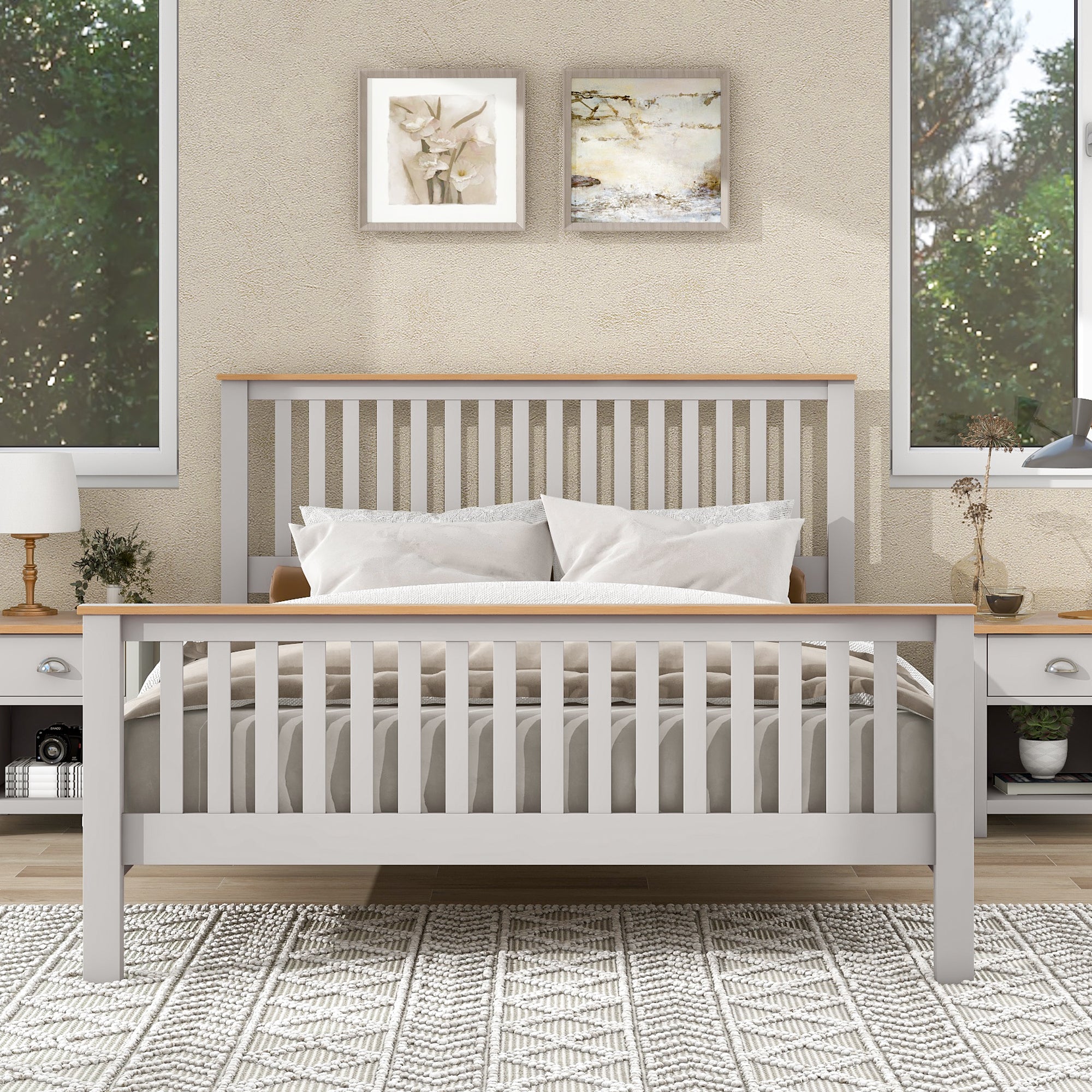 3 Pieces Country Gray with Oak Top Bedroom Sets, Full Bed, Nightstand and Dresser