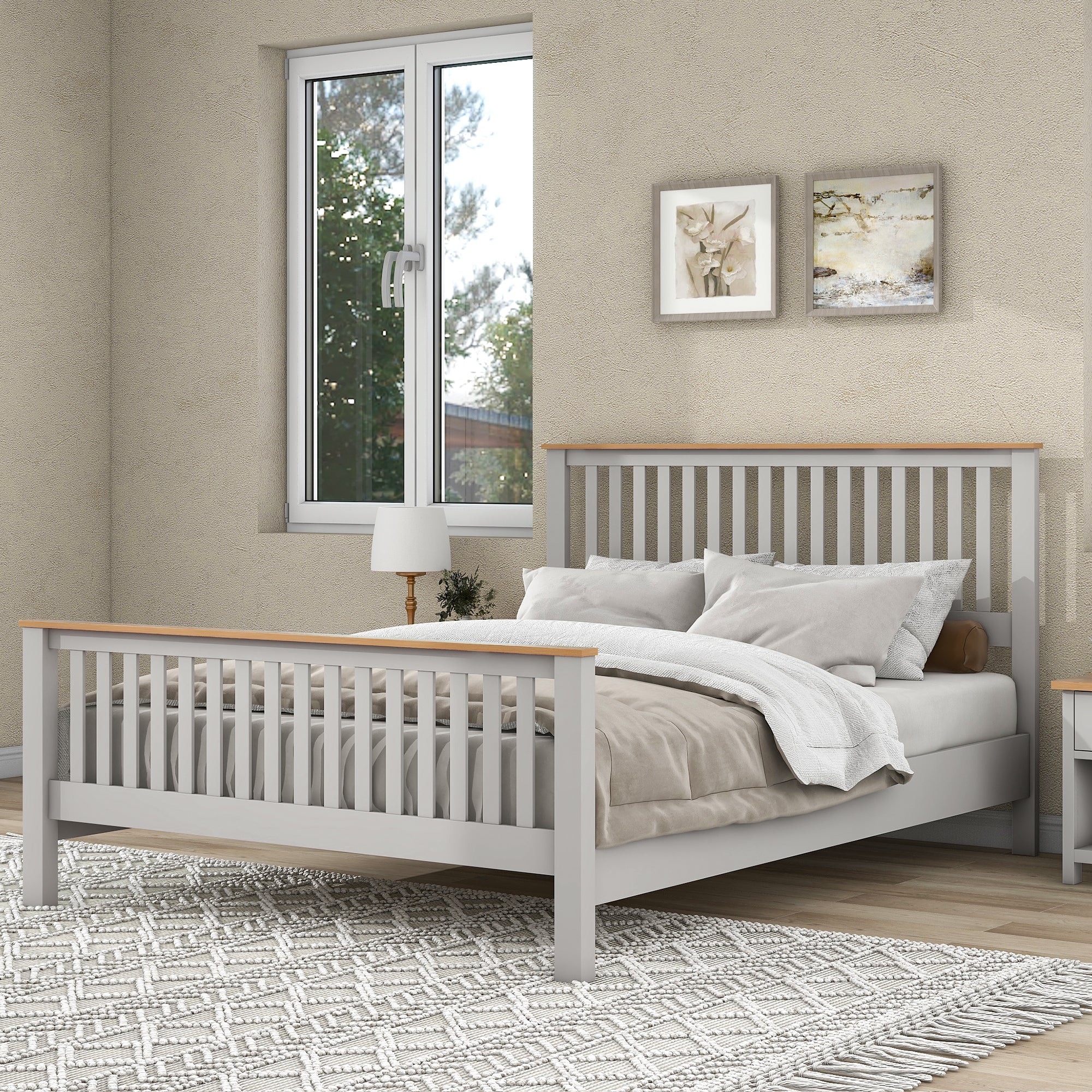 3 Pieces Country Gray with Oak Top Bedroom Sets, Full Bed, Nightstand and Dresser