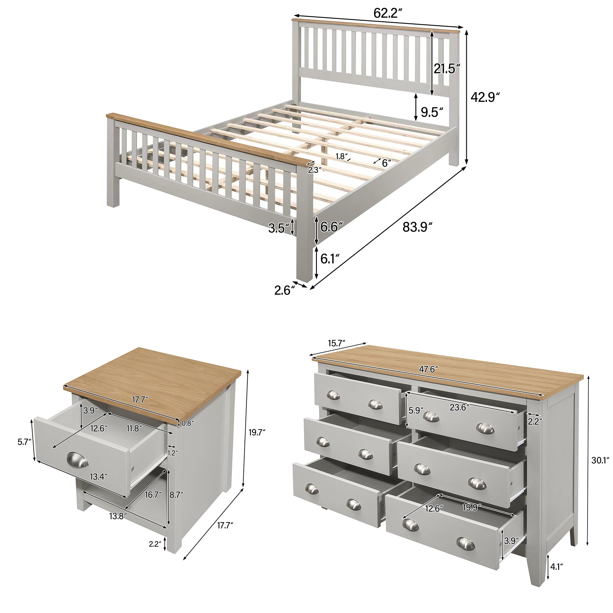 3 Pieces Country Gray with Oak Top Bedroom Sets, Full Bed, Nightstand and Dresser