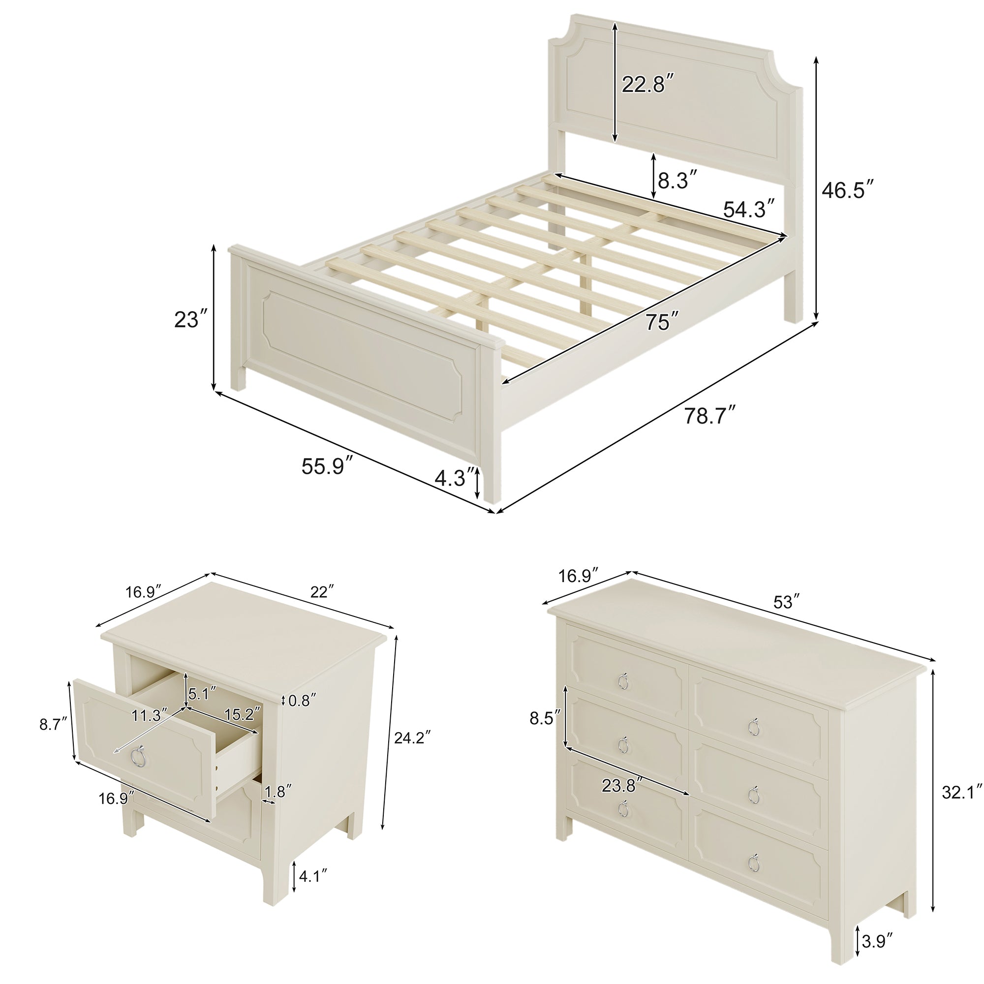 Solid Wood Frame Platform Bed with Nightstand and Dresser