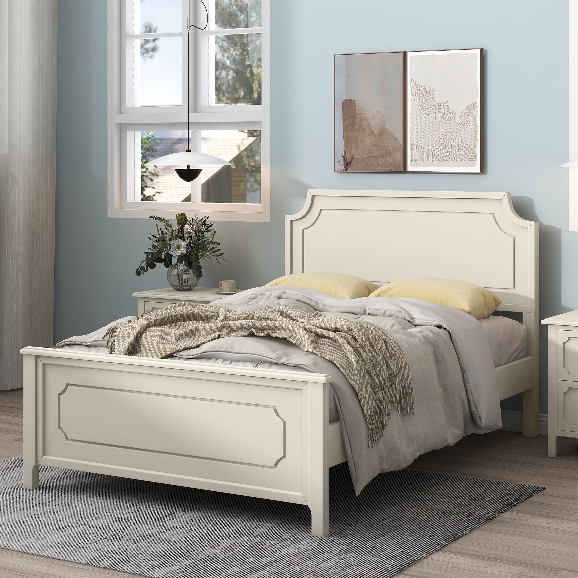 Solid Wood Frame Platform Bed with Nightstand and Dresser
