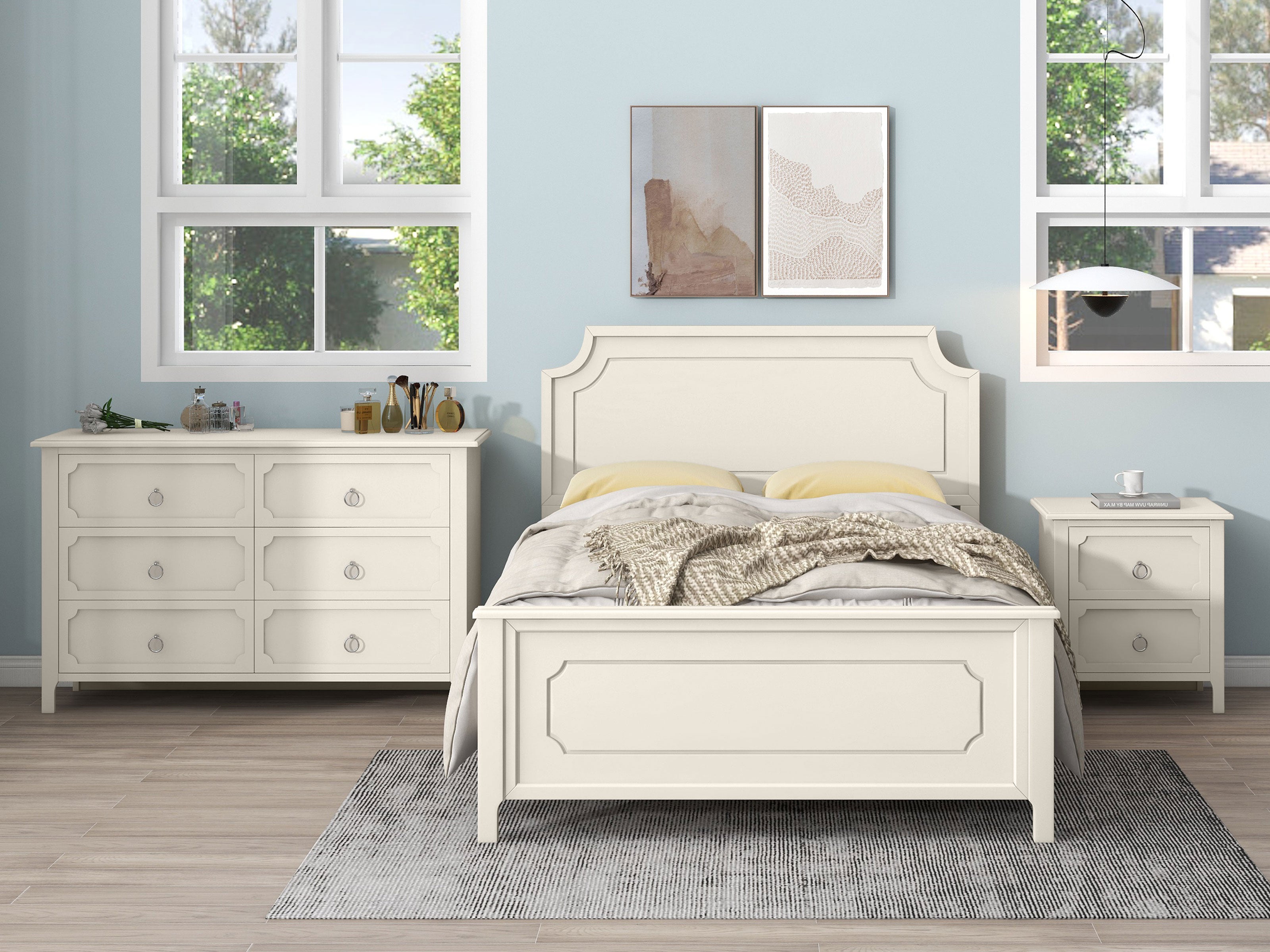 Solid Wood Frame Platform Bed with Nightstand and Dresser