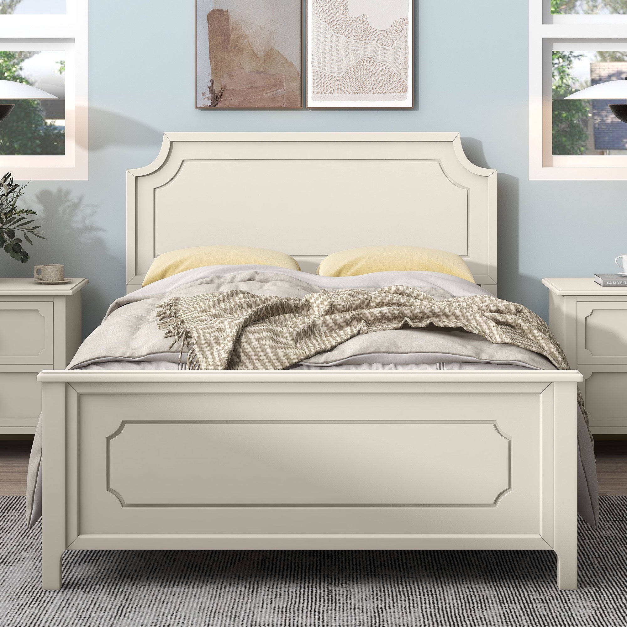 Solid Wood Frame Platform Bed with Nightstand and Dresser