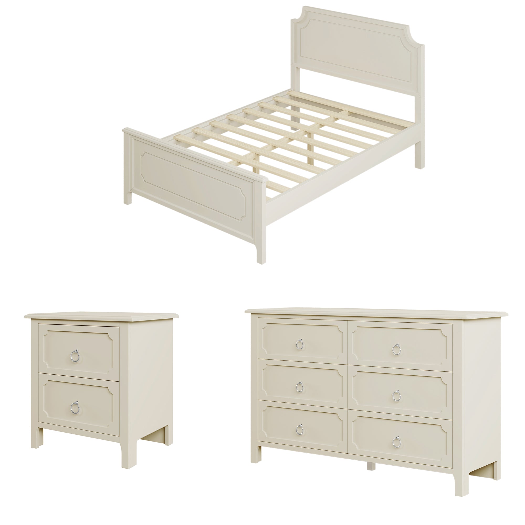 Solid Wood Frame Platform Bed with Nightstand and Dresser