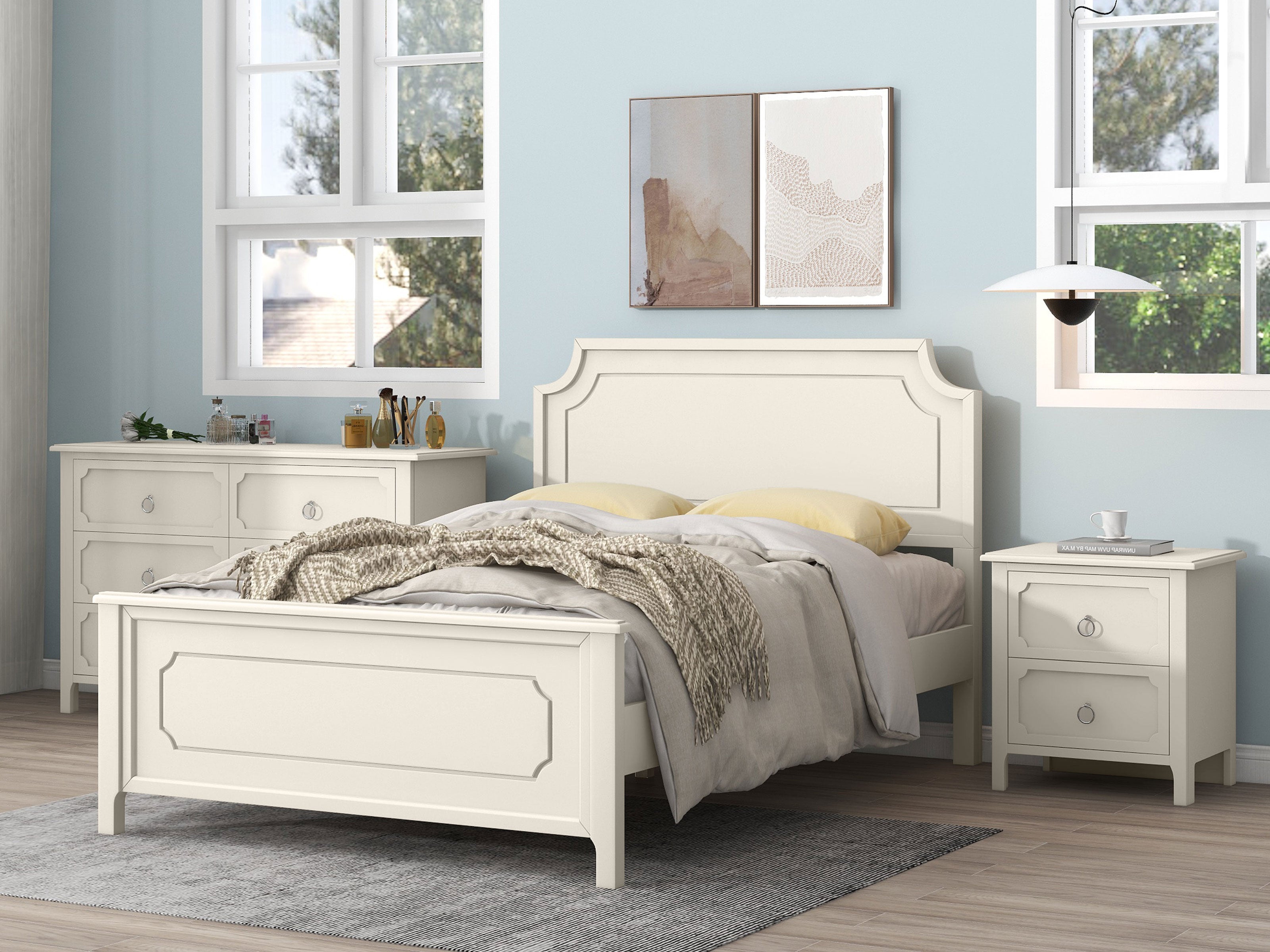 Solid Wood Frame Platform Bed with Nightstand and Dresser