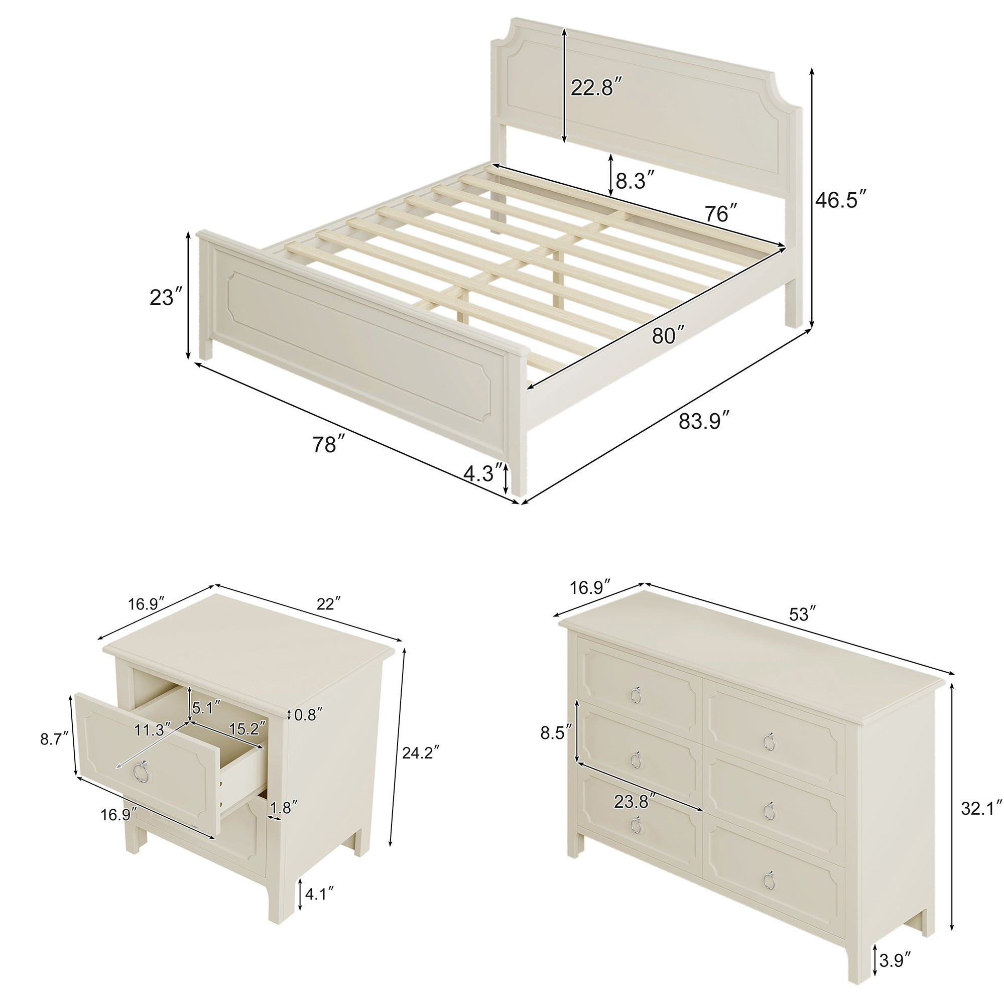 Solid Wood Frame Platform Bed with Nightstand and Dresser