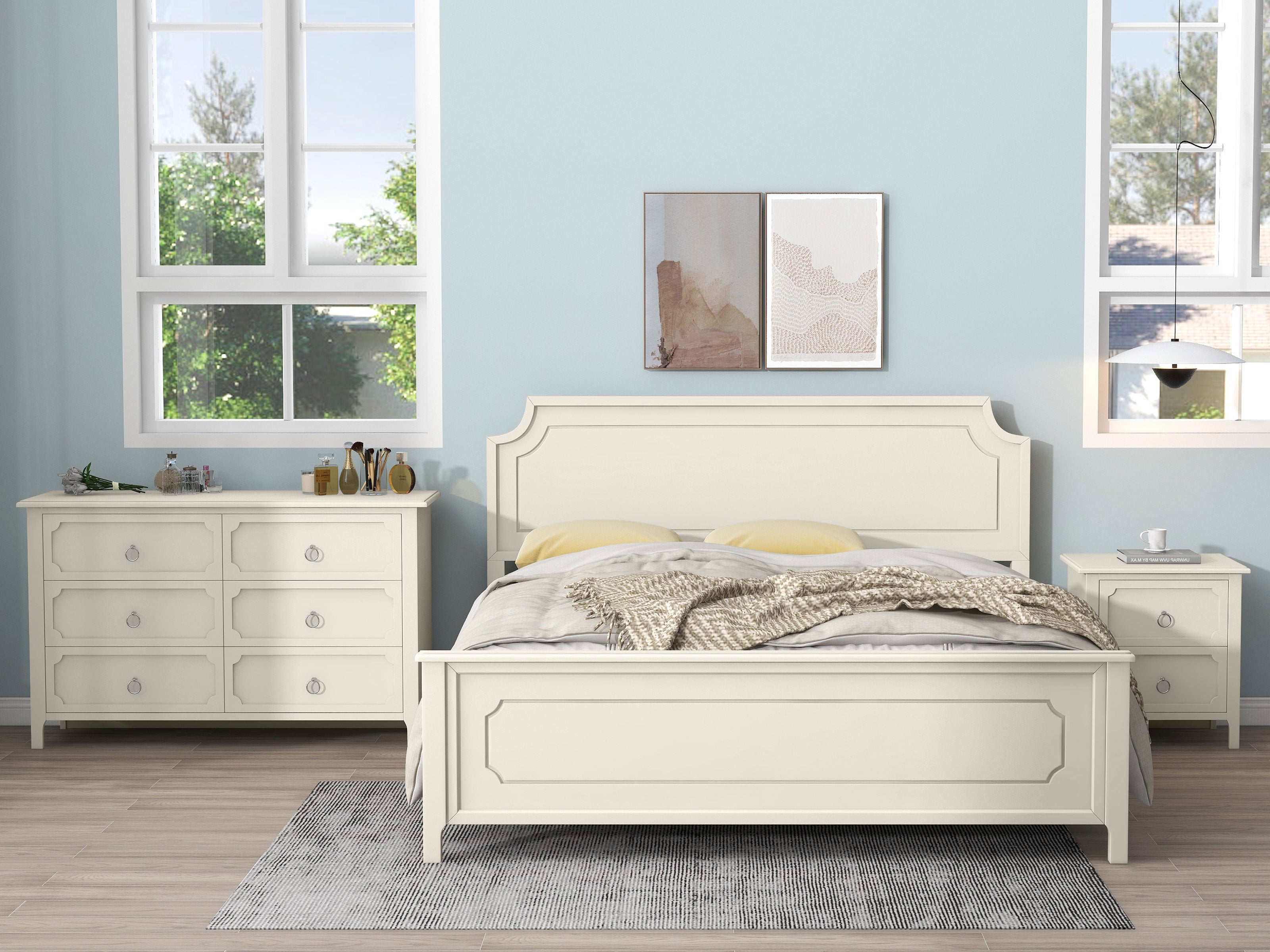 Solid Wood Frame Platform Bed with Nightstand and Dresser