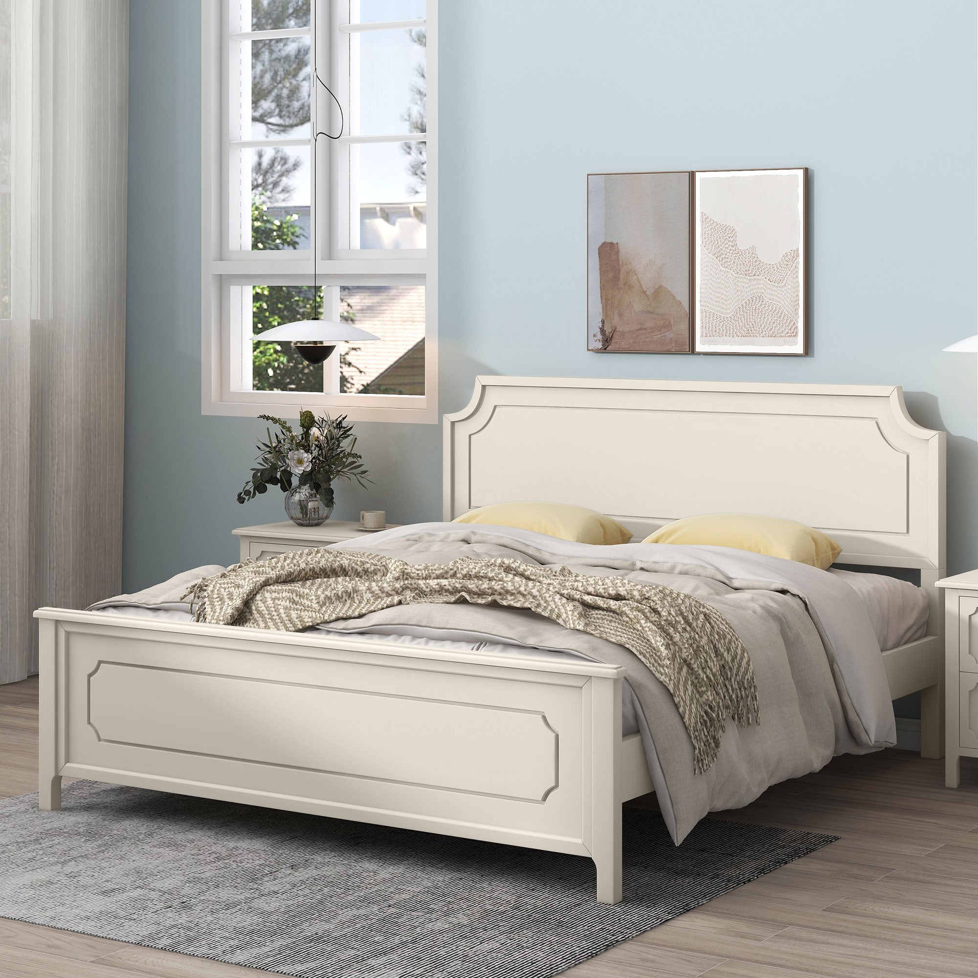 Solid Wood Frame Platform Bed with Nightstand and Dresser