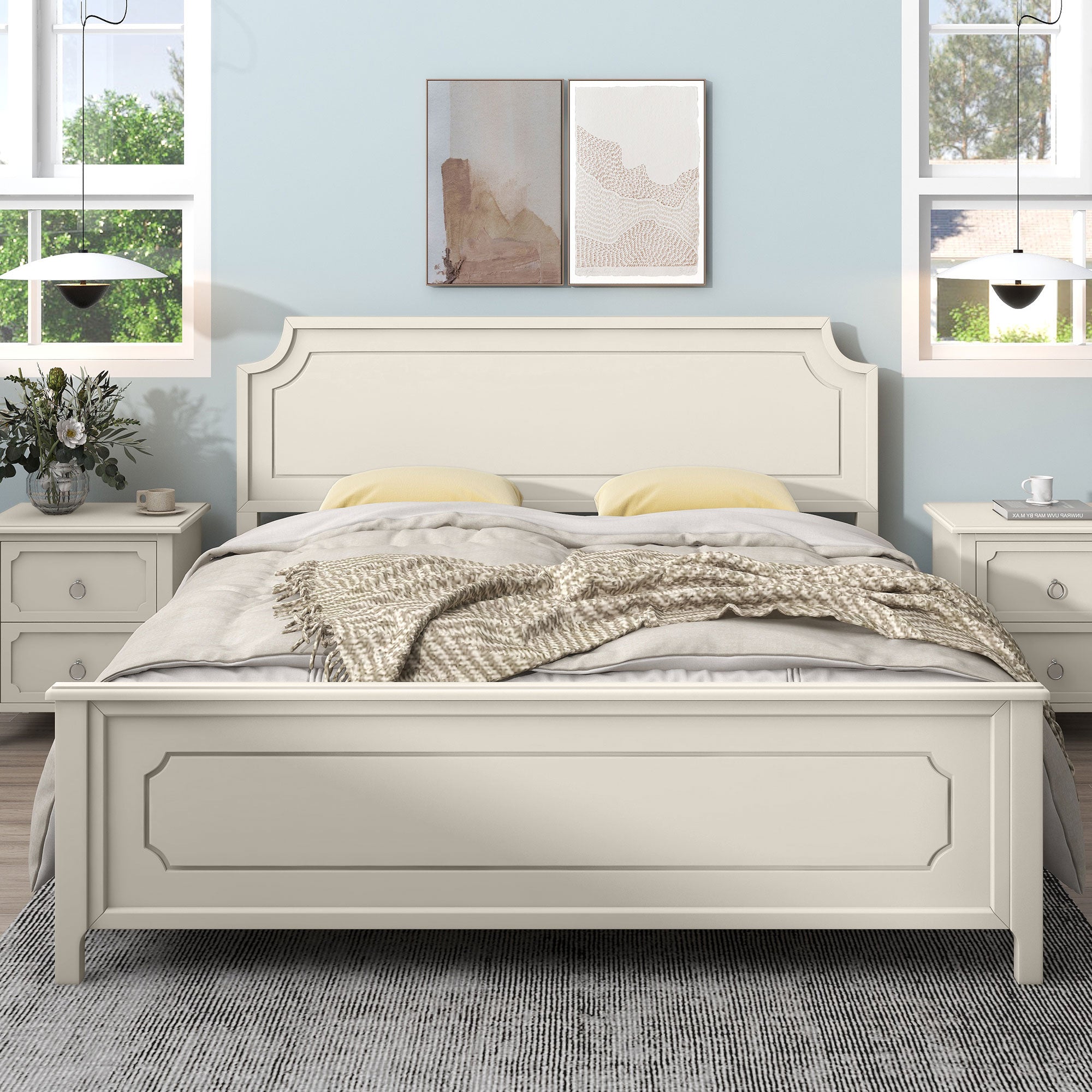 Solid Wood Frame Platform Bed with Nightstand and Dresser