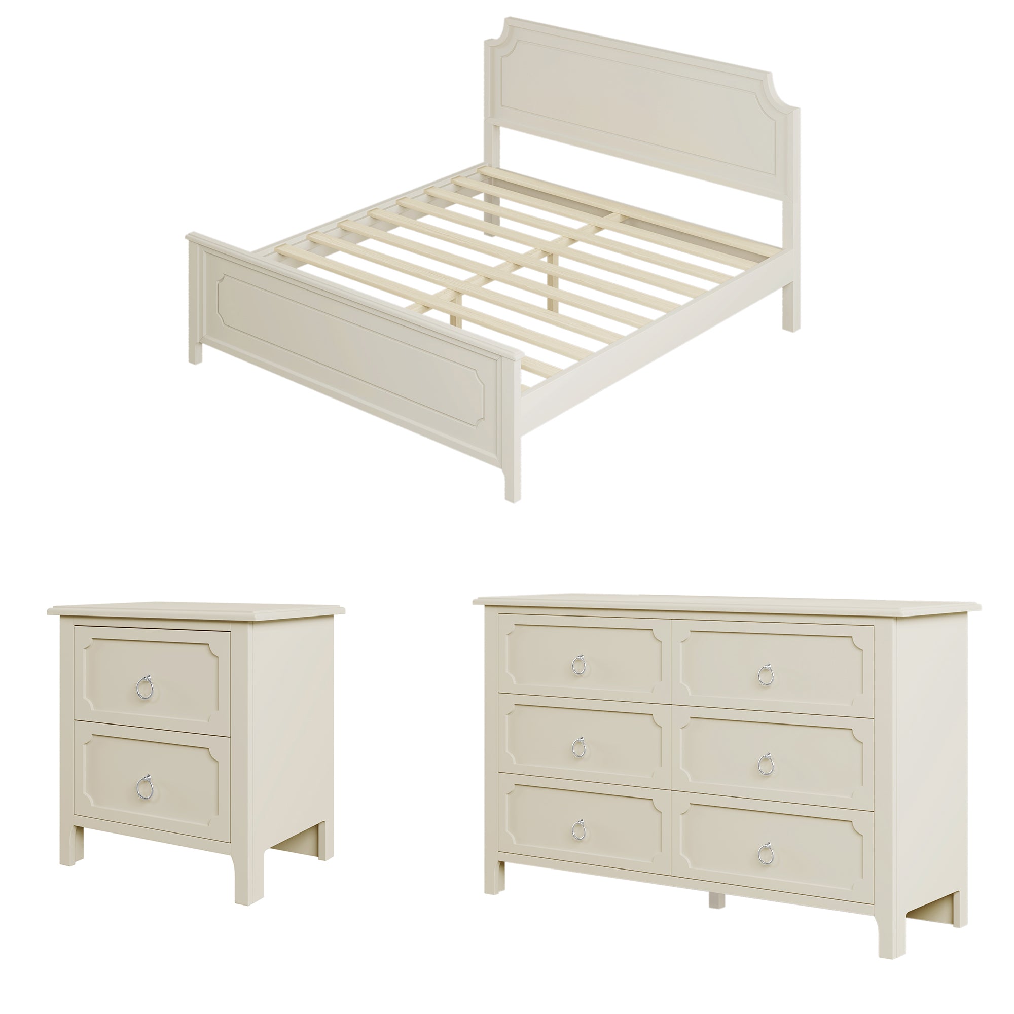 Solid Wood Frame Platform Bed with Nightstand and Dresser