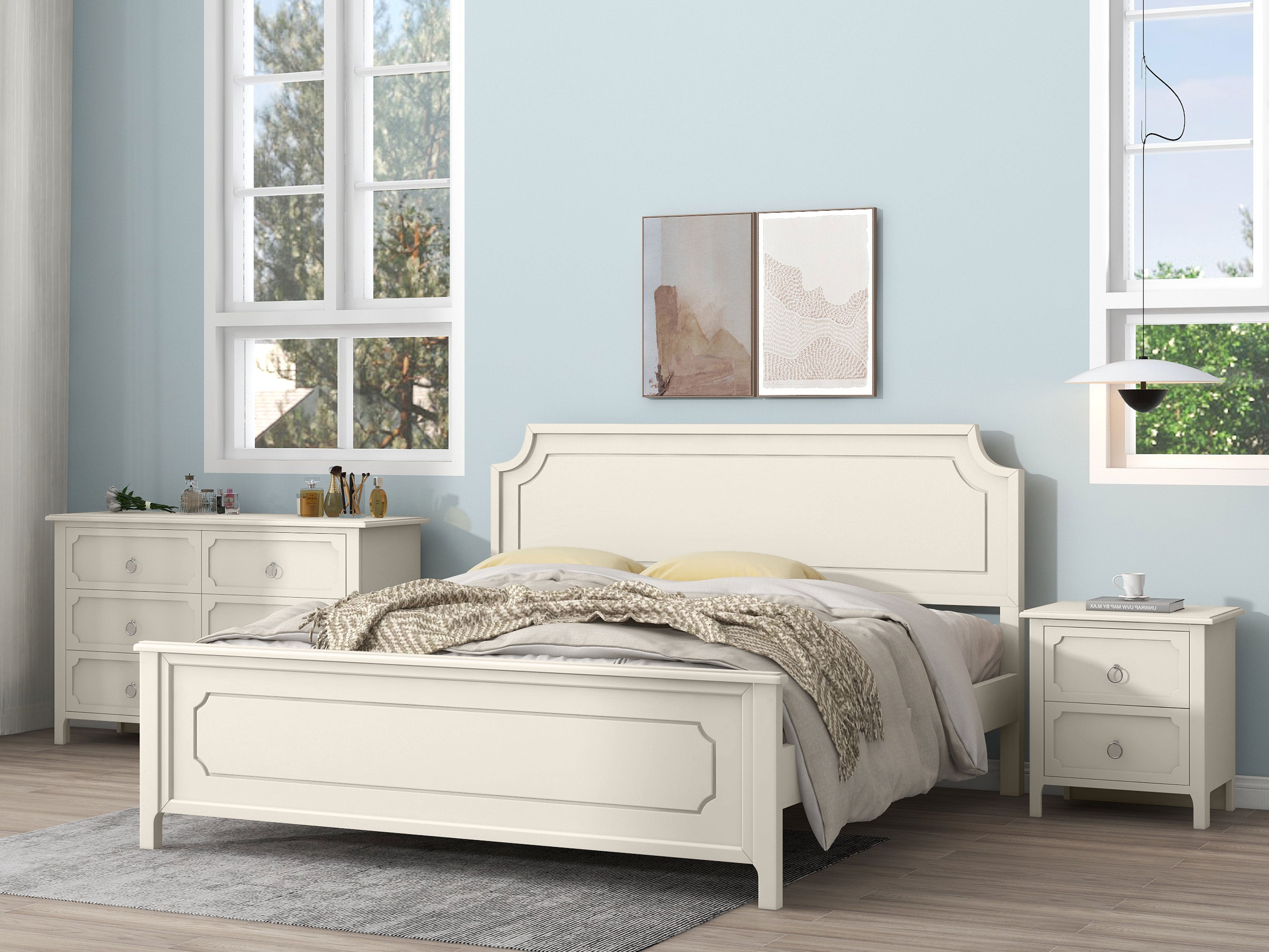 Solid Wood Frame Platform Bed with Nightstand and Dresser