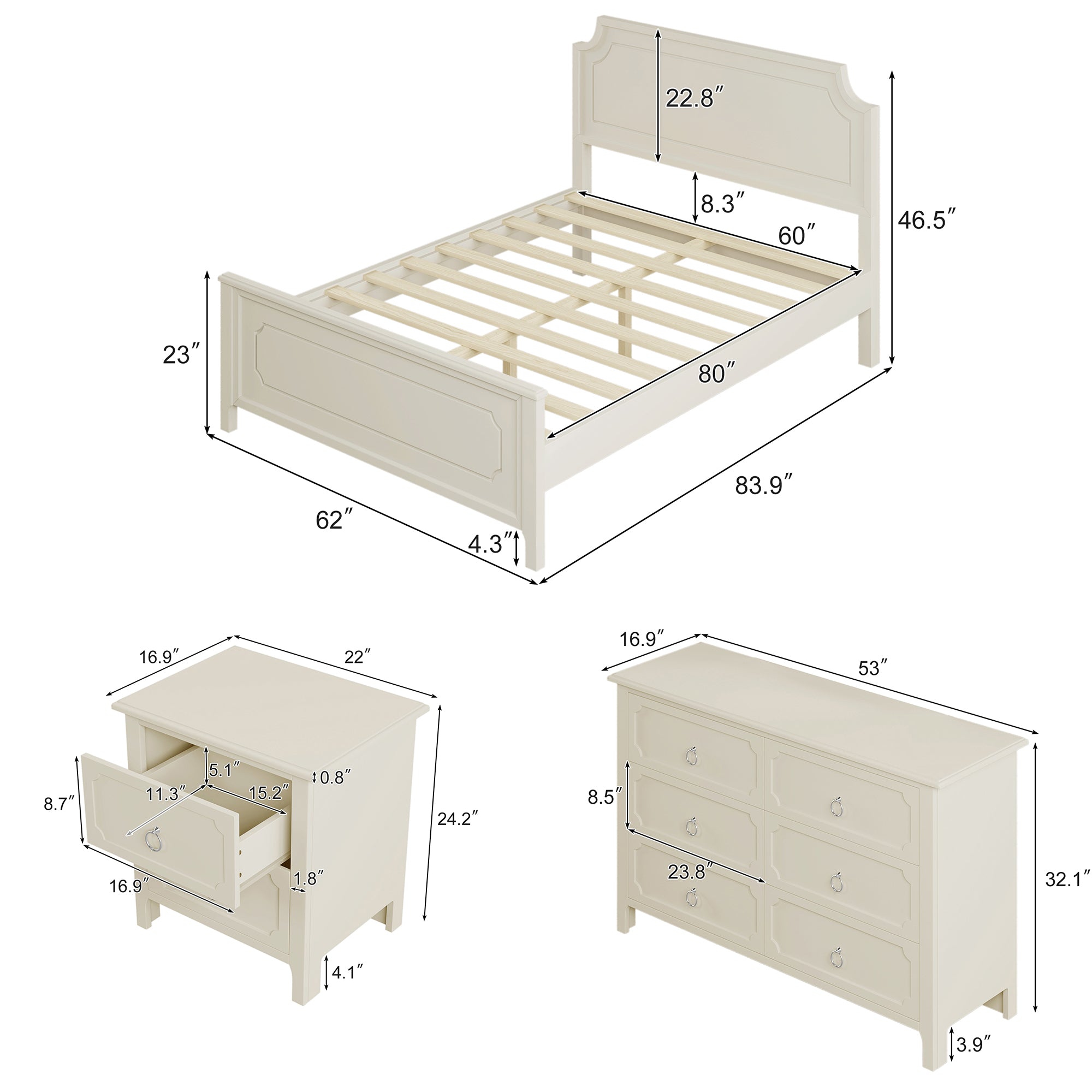 Solid Wood Frame Platform Bed with Nightstand and Dresser