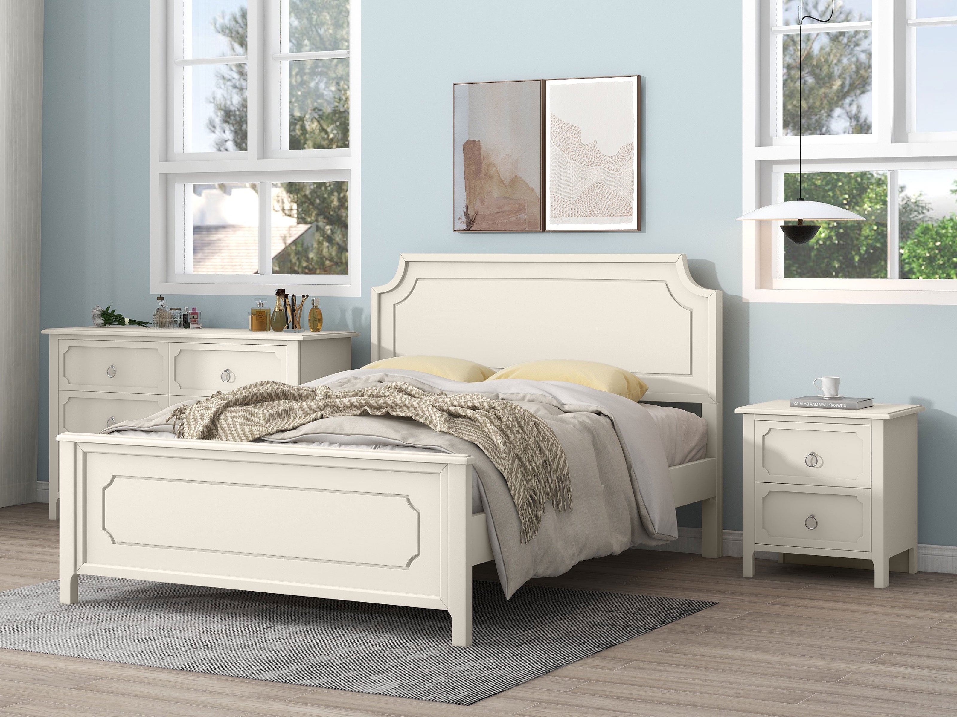 Solid Wood Frame Platform Bed with Nightstand and Dresser
