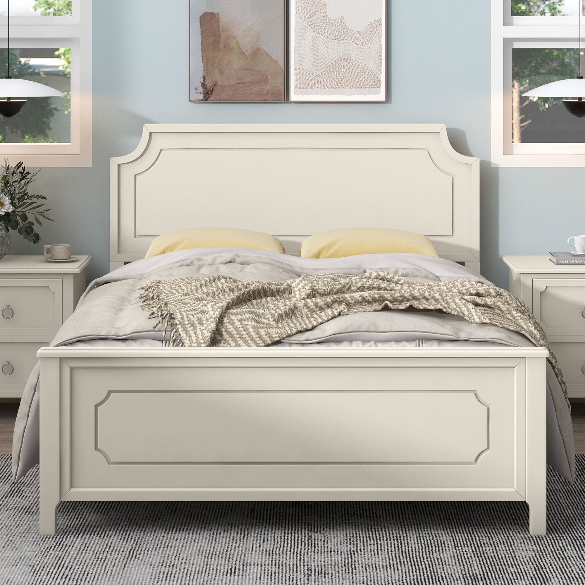 Solid Wood Frame Platform Bed with Nightstand and Dresser