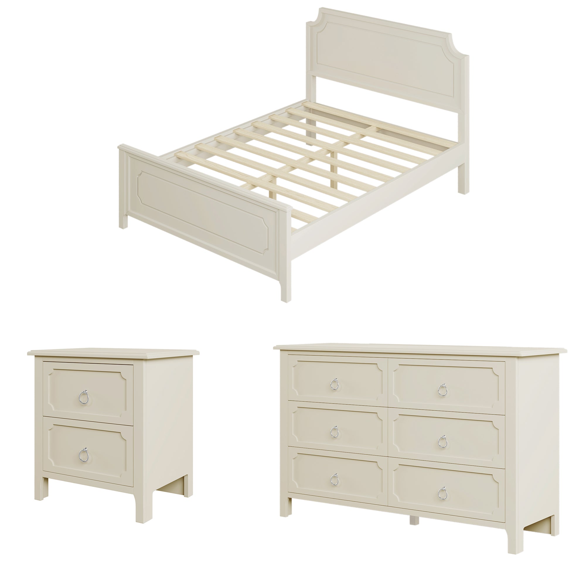 Solid Wood Frame Platform Bed with Nightstand and Dresser