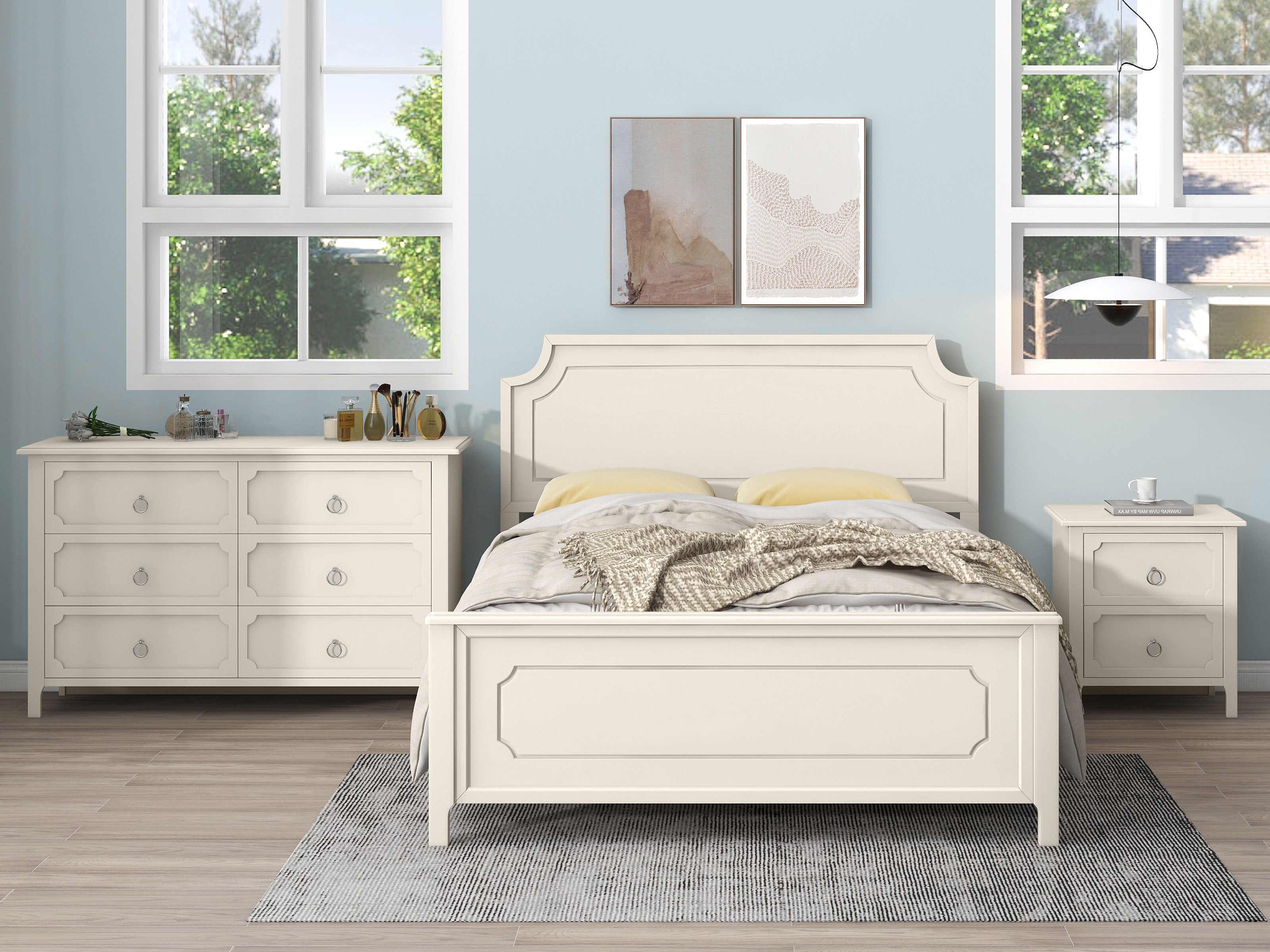 Solid Wood Frame Platform Bed with Nightstand and Dresser