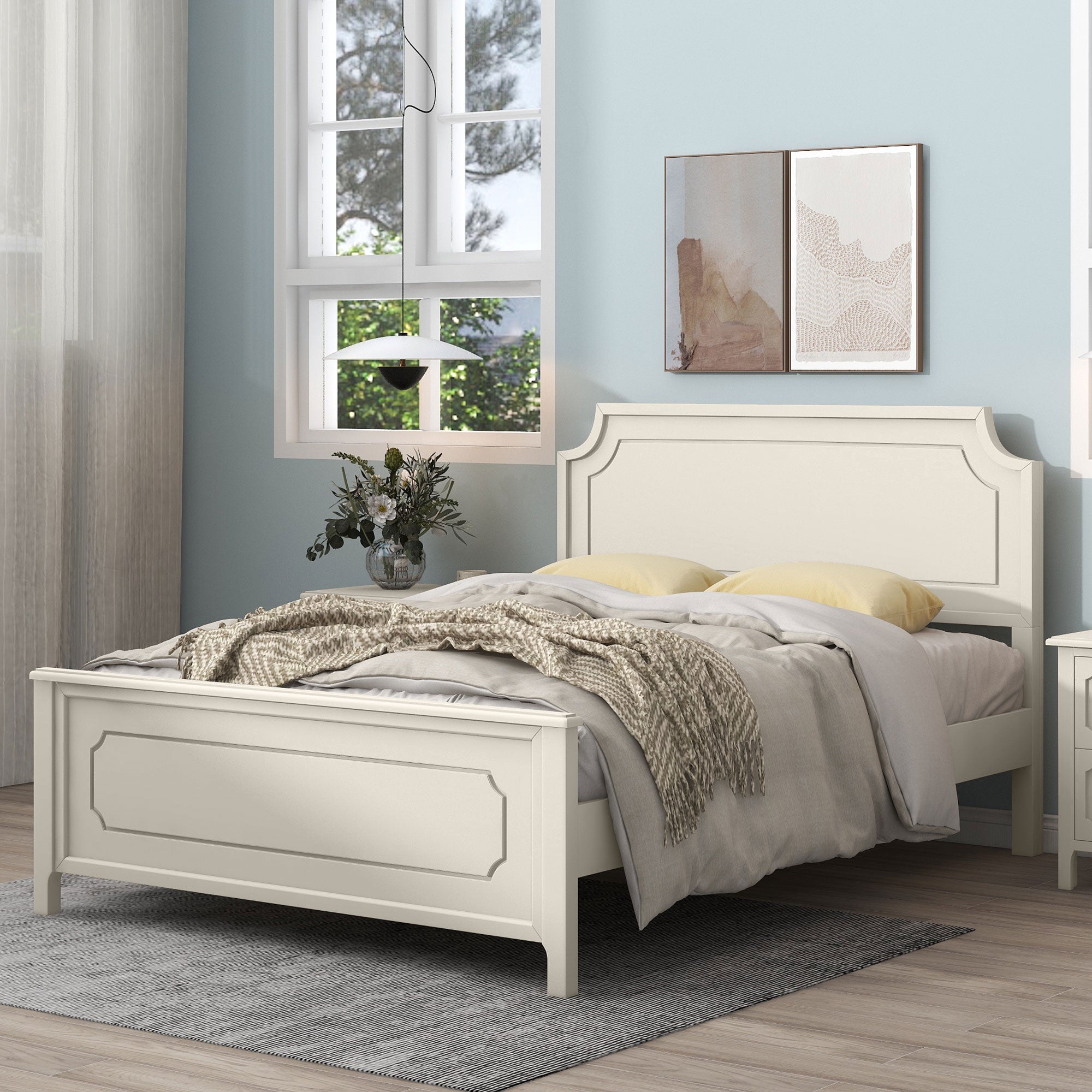 Solid Wood Frame Platform Bed with Nightstand and Dresser